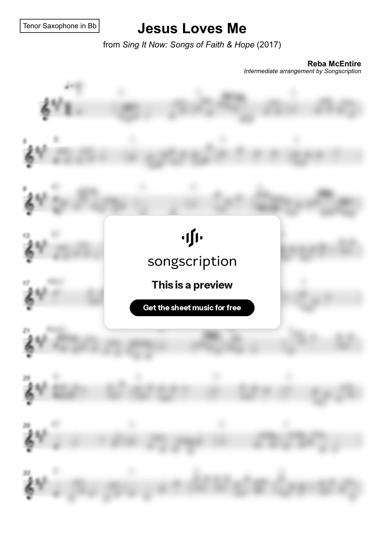 Intermediate Tenor Sax Sheet Music for "Jesus Loves Me" by Reba McEntire