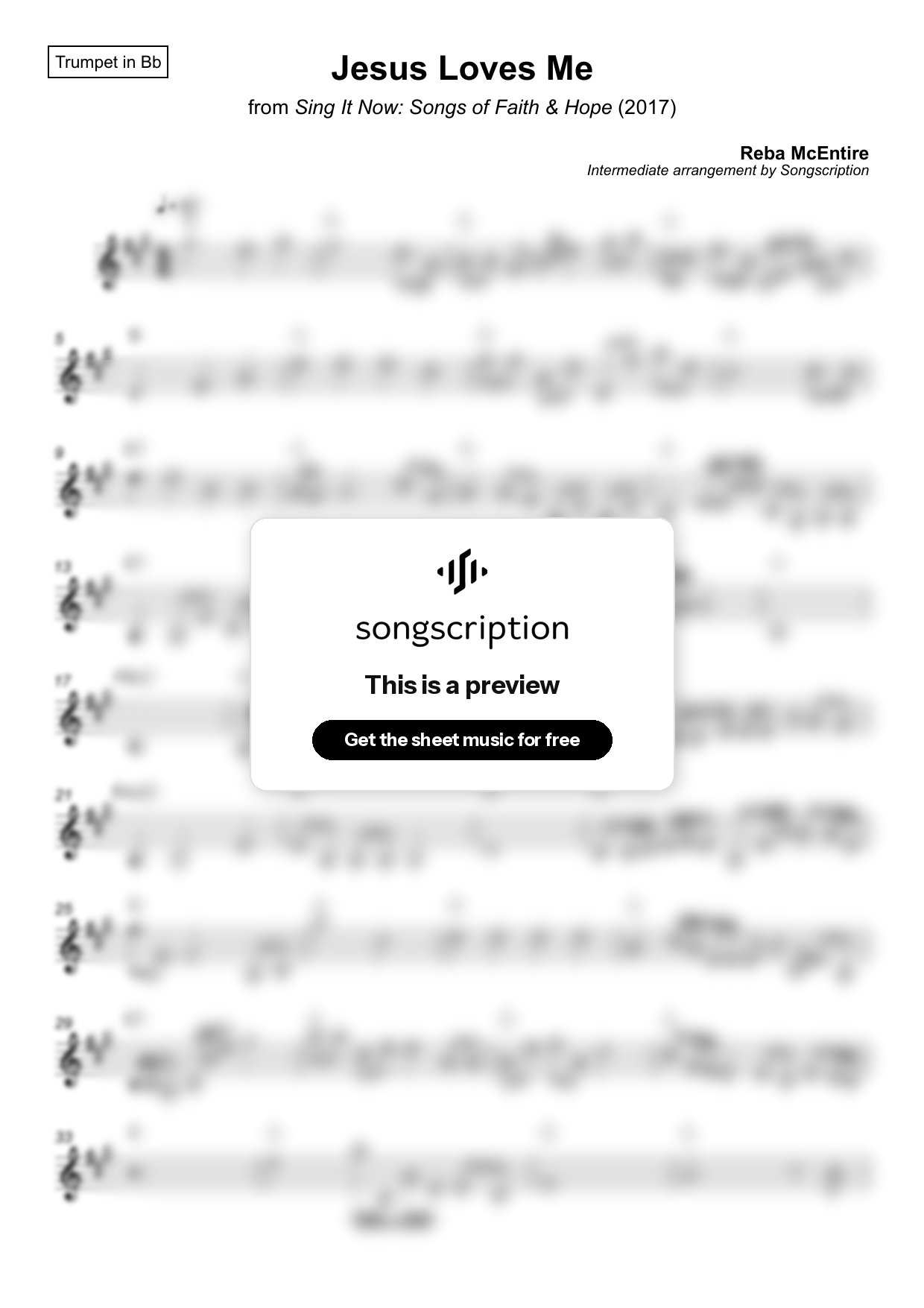 Intermediate Trumpet Sheet Music for "Jesus Loves Me" by Reba McEntire