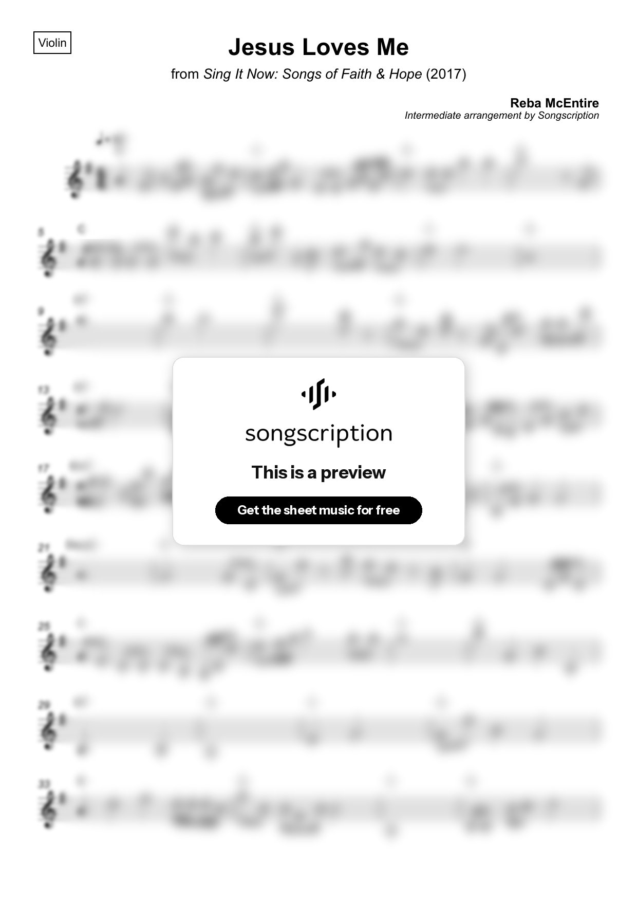 Intermediate Violin Sheet Music for "Jesus Loves Me" by Reba McEntire