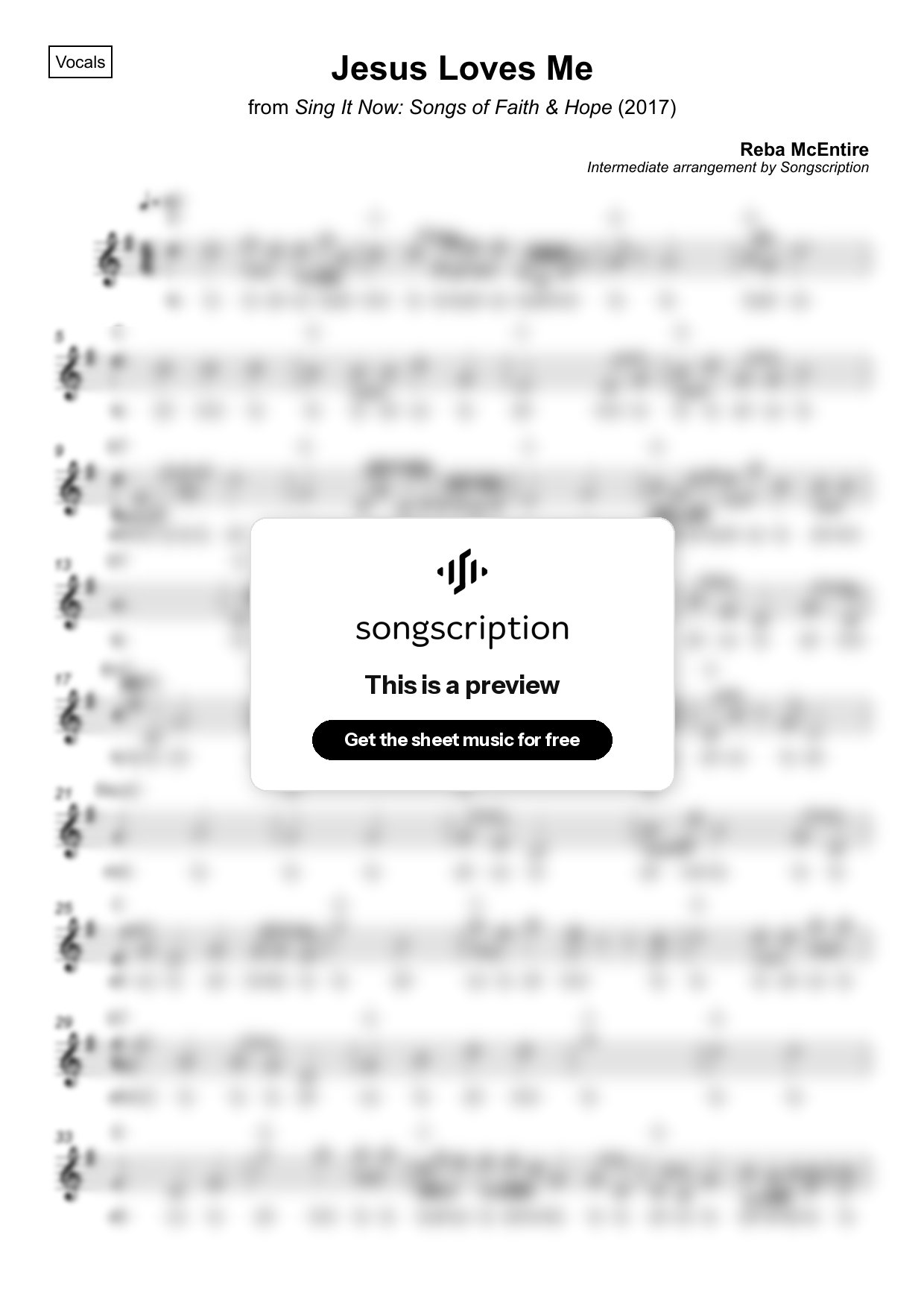 Intermediate Vocals Sheet Music for "Jesus Loves Me" by Reba McEntire