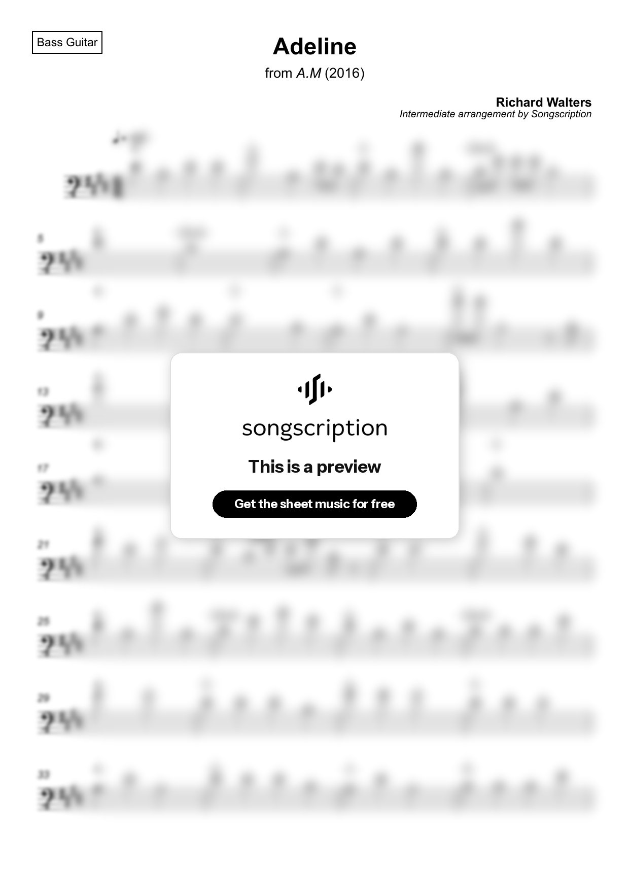Intermediate Bass Guitar Sheet Music for "Adeline" by Richard Walters