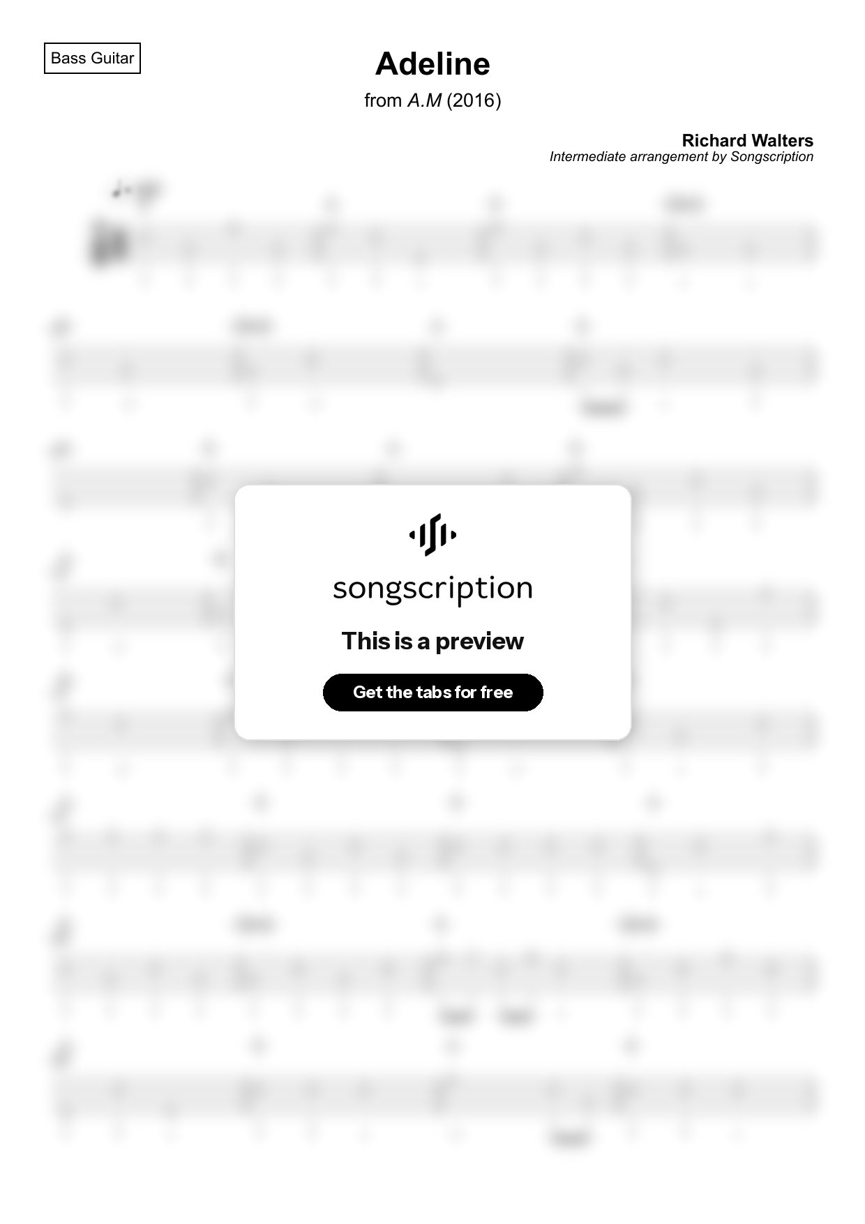 Intermediate Bass Guitar Tabs for "Adeline" by Richard Walters