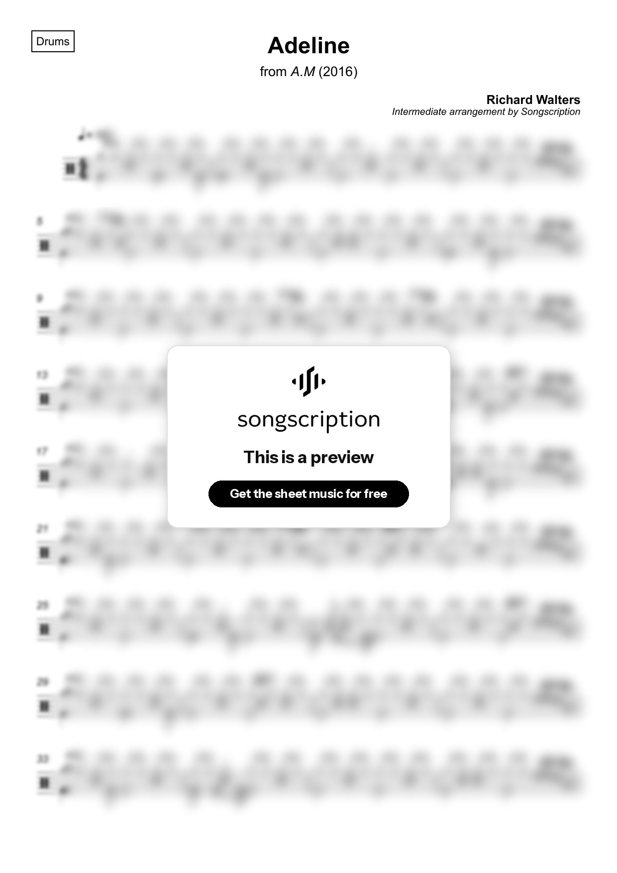 Intermediate Drums Sheet Music for "Adeline" by Richard Walters