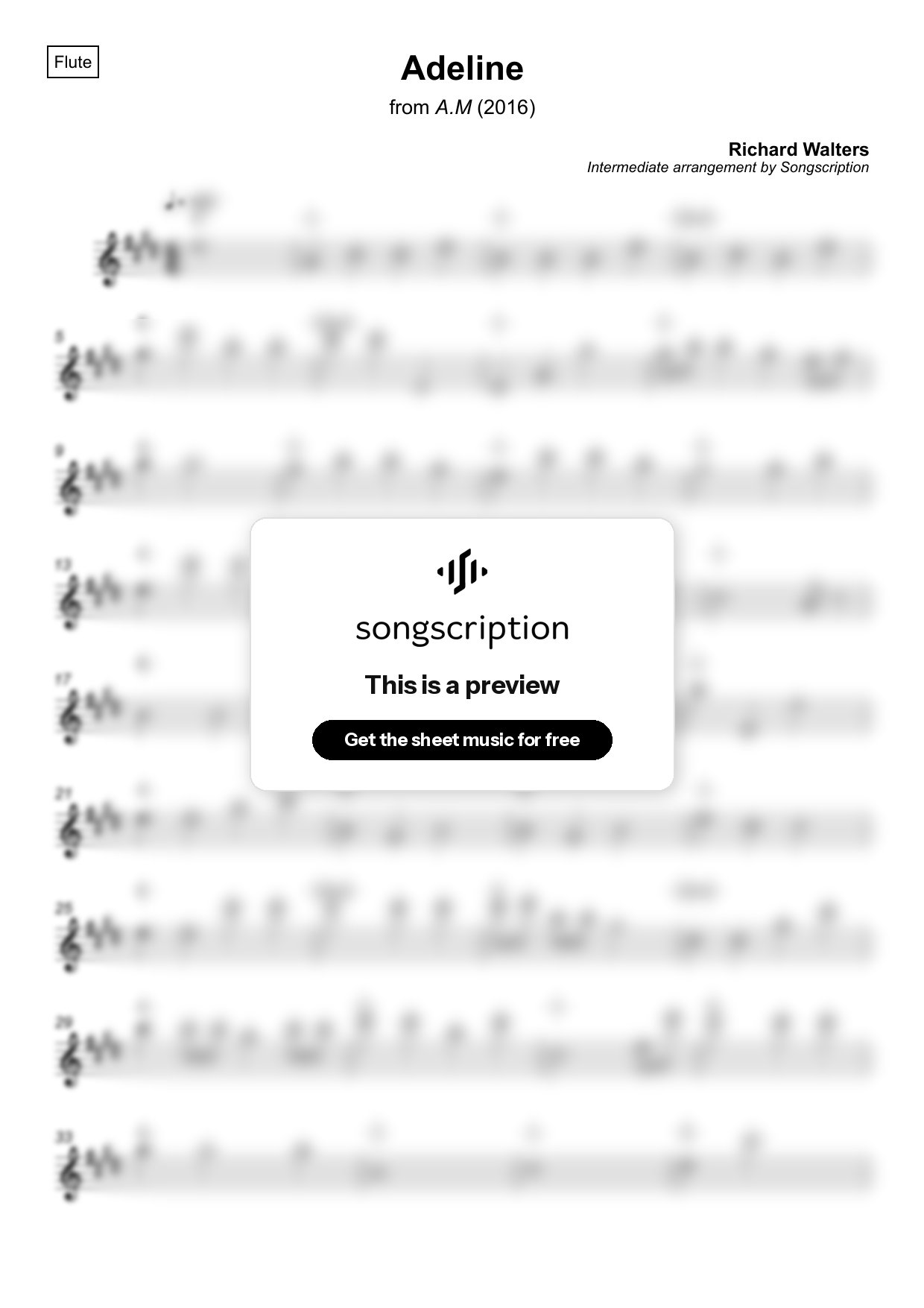 Intermediate Flute Sheet Music for "Adeline" by Richard Walters