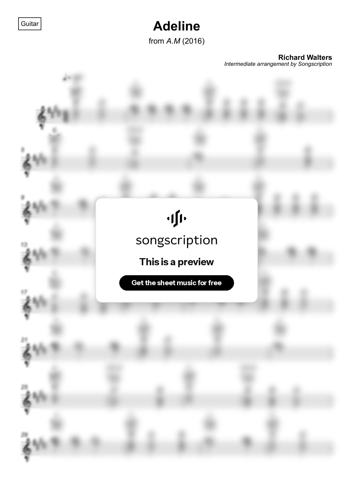 Intermediate Acoustic Guitar Sheet Music for "Adeline" by Richard Walters