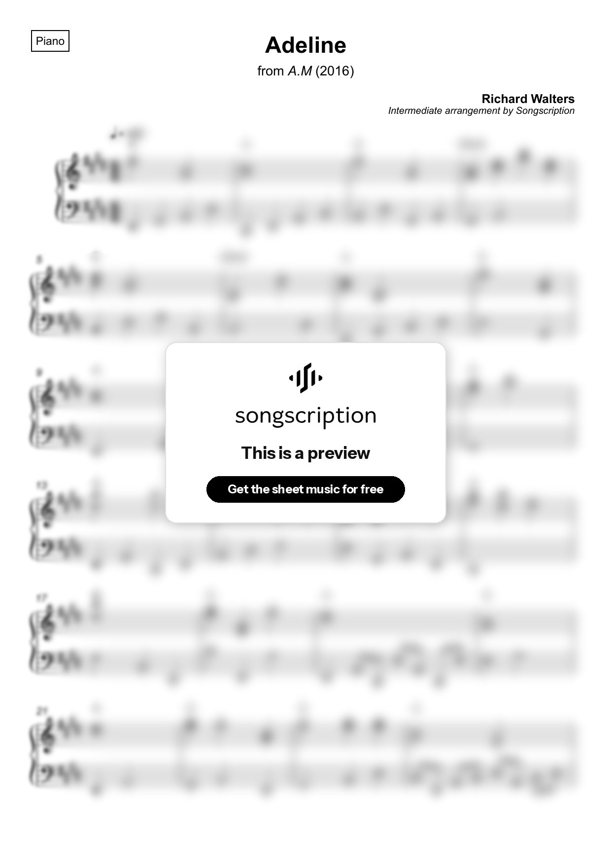 Intermediate Piano Sheet Music for "Adeline" by Richard Walters