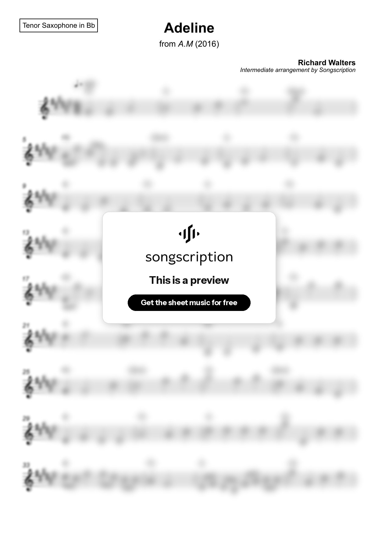 Intermediate Tenor Sax Sheet Music for "Adeline" by Richard Walters