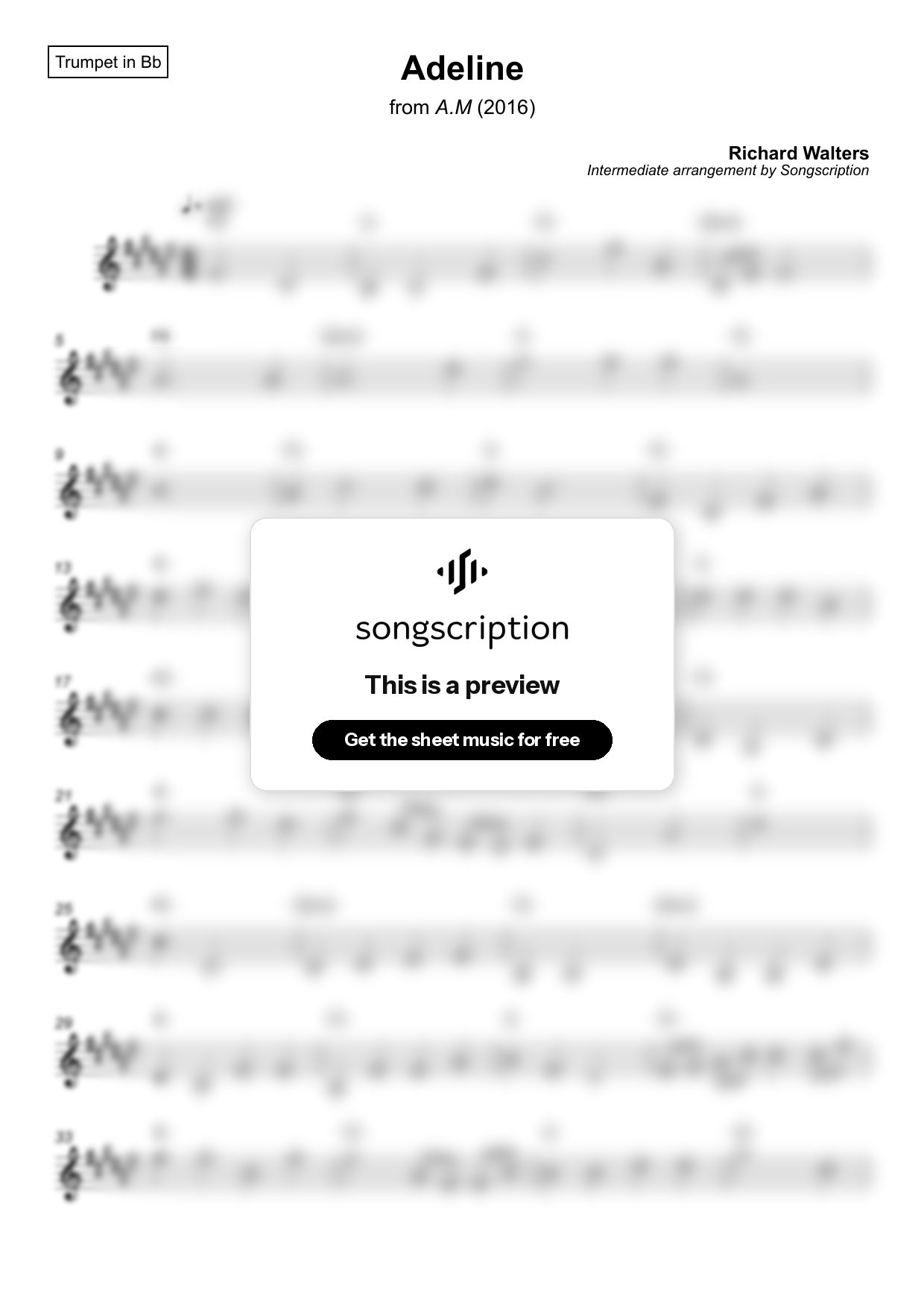 Intermediate Trumpet Sheet Music for "Adeline" by Richard Walters