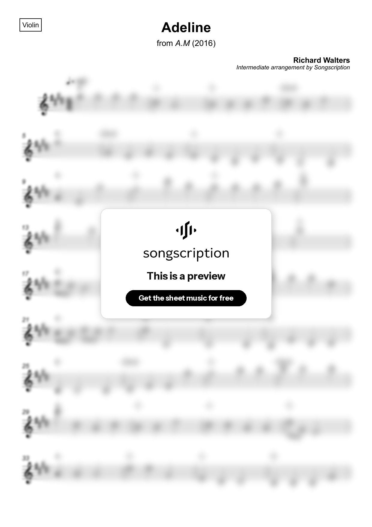 Intermediate Violin Sheet Music for "Adeline" by Richard Walters