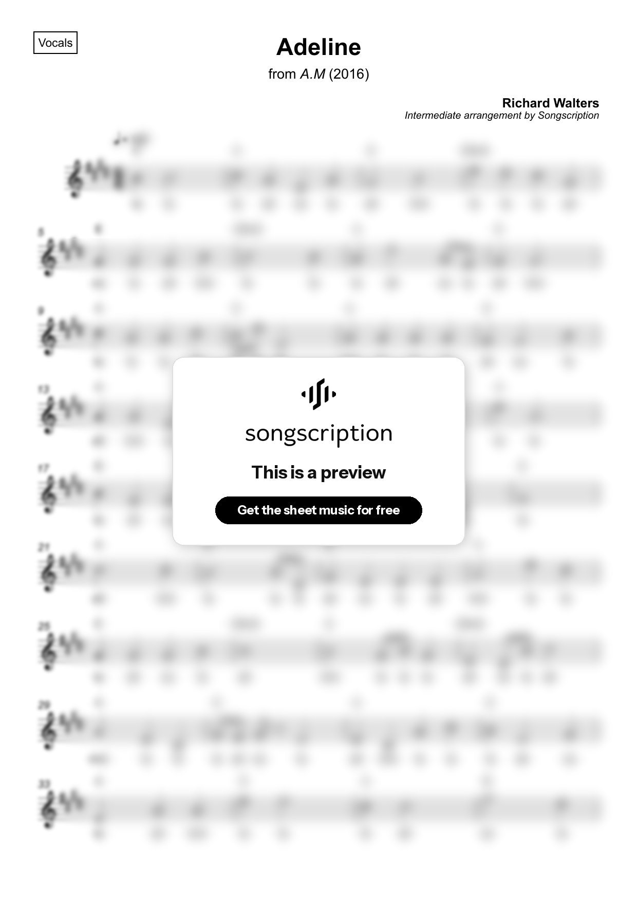 Intermediate Vocals Sheet Music for "Adeline" by Richard Walters