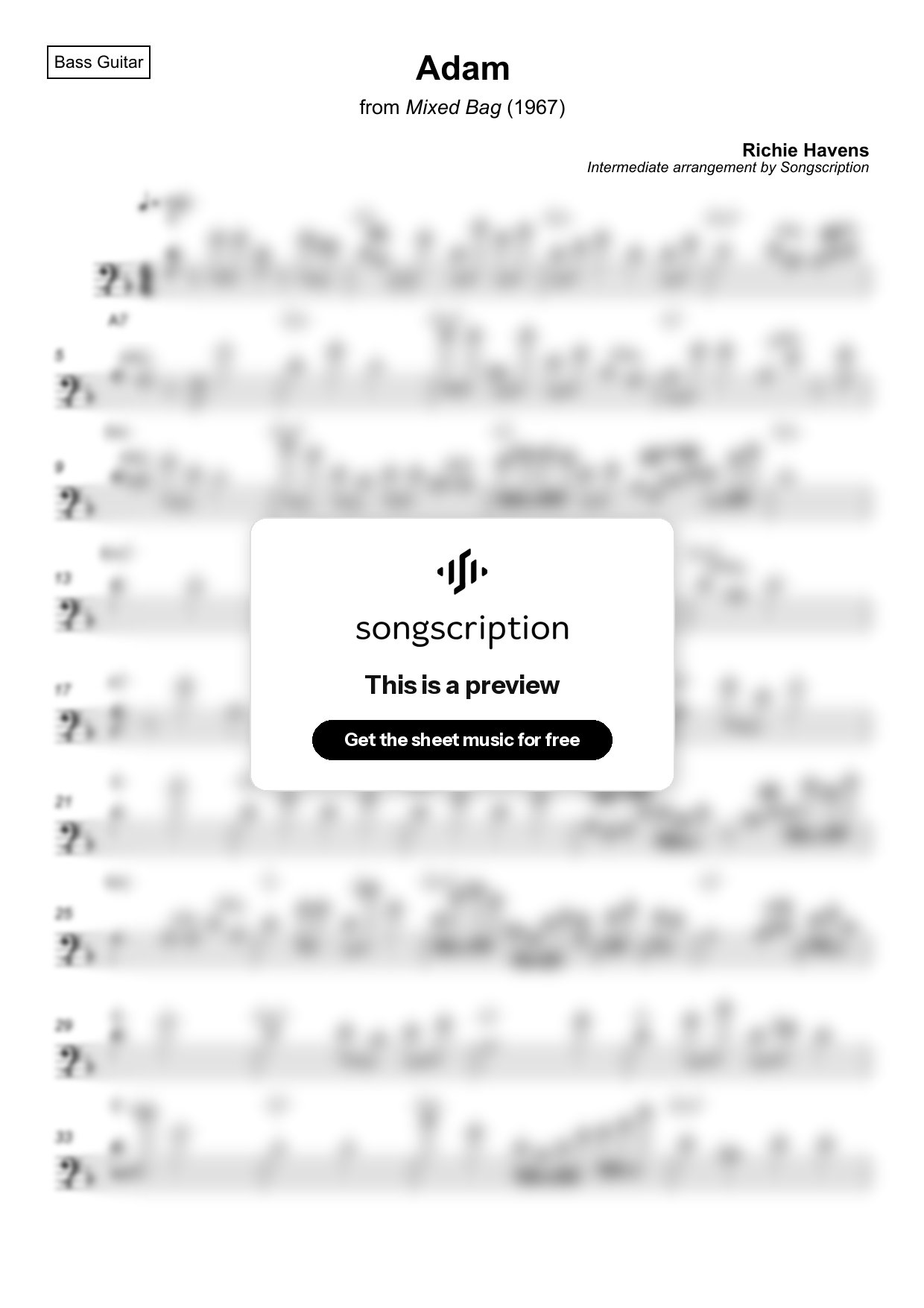 Intermediate Bass Guitar Sheet Music for "Adam" by Richie Havens
