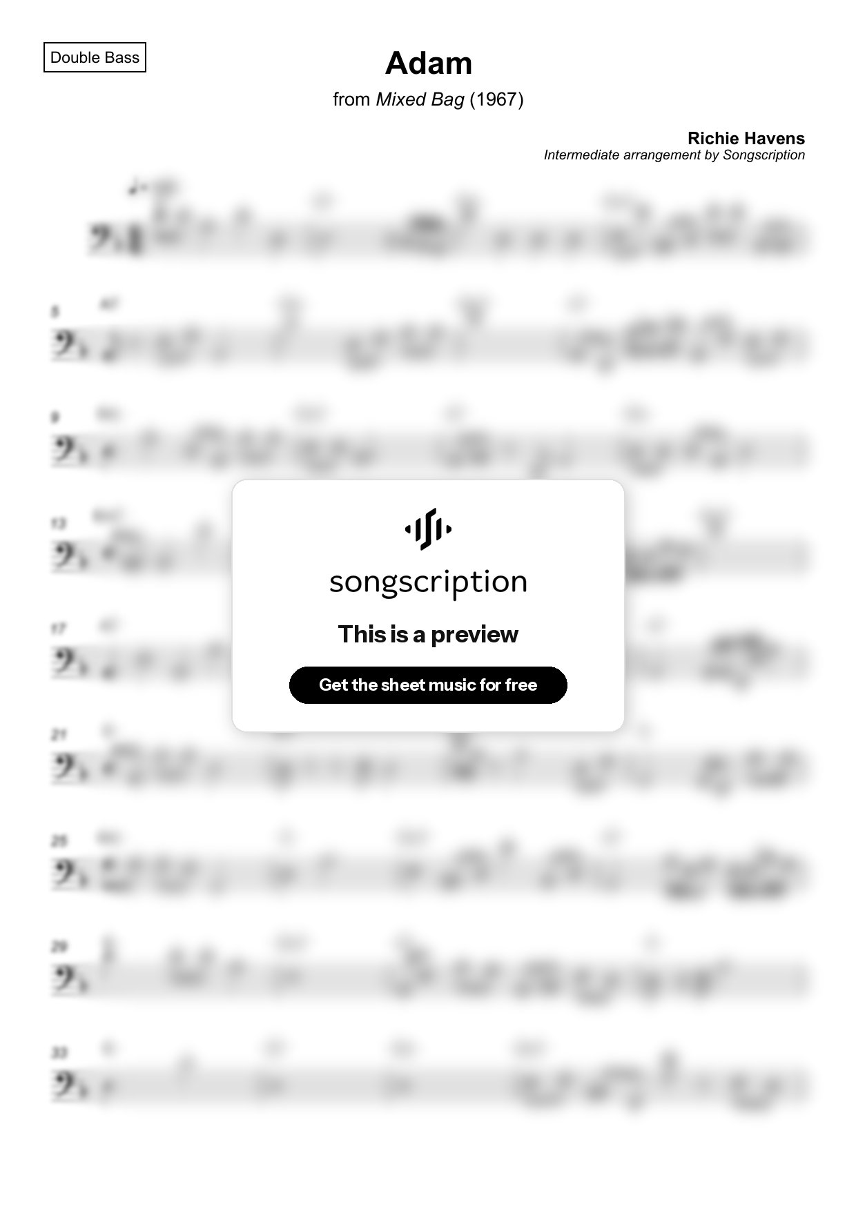 Intermediate Double Bass Sheet Music for "Adam" by Richie Havens