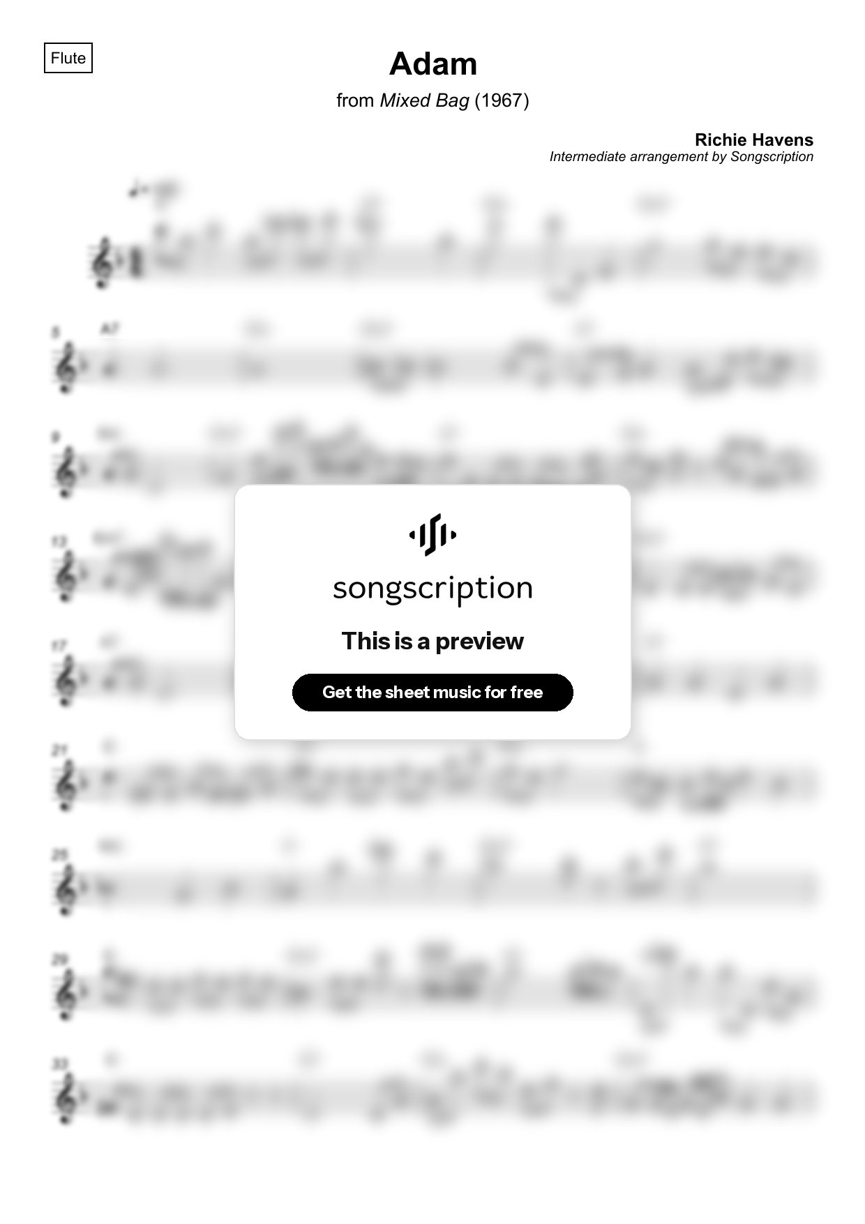 Intermediate Flute Sheet Music for "Adam" by Richie Havens