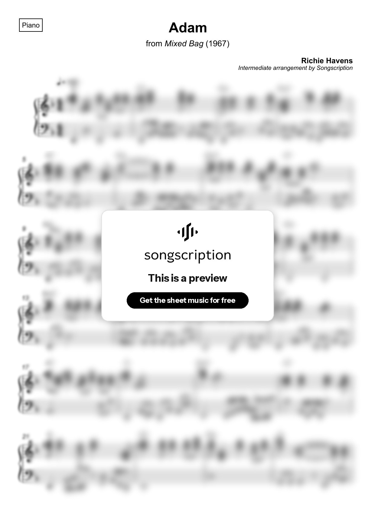 Intermediate Piano Sheet Music for "Adam" by Richie Havens