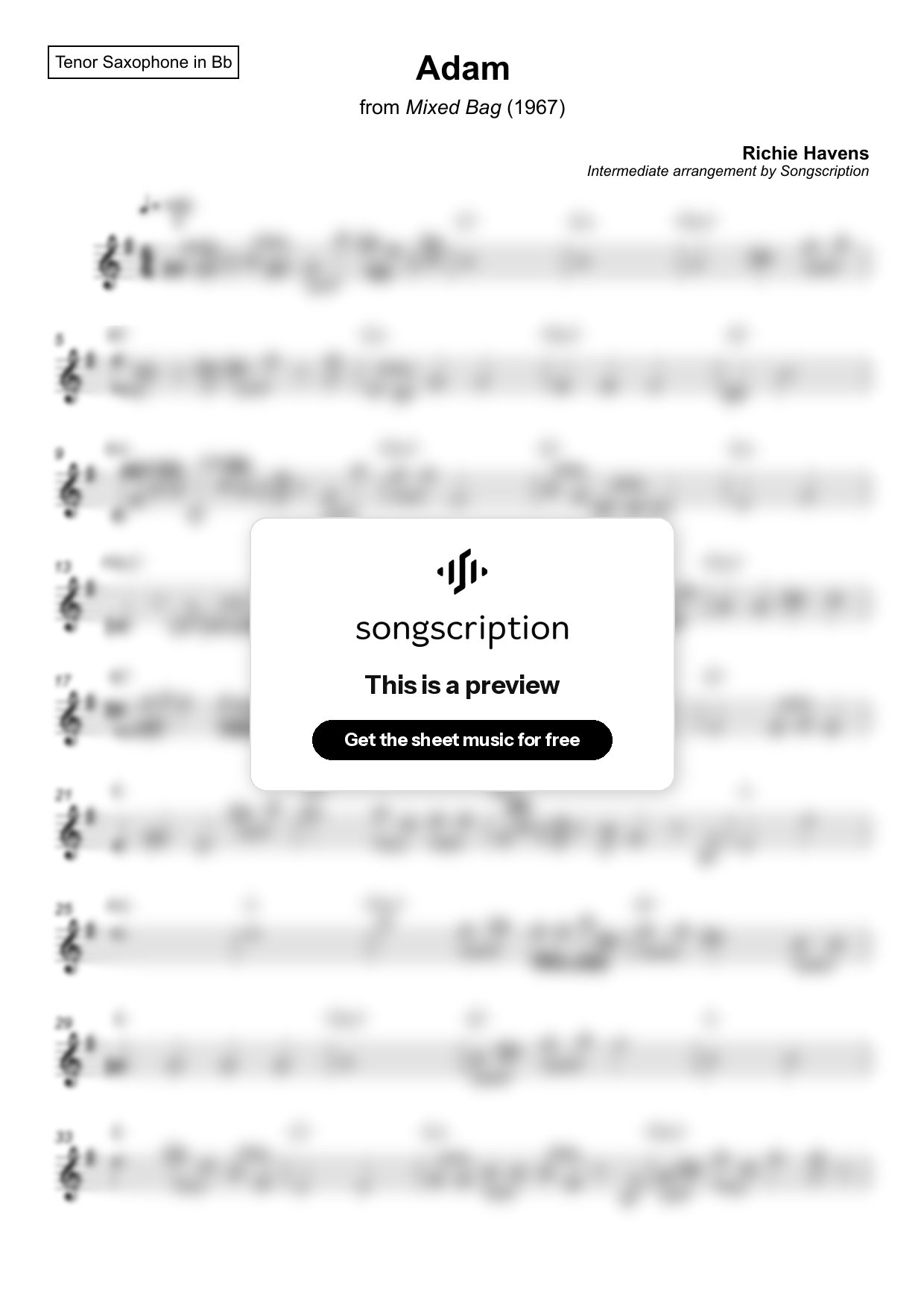 Intermediate Tenor Sax Sheet Music for "Adam" by Richie Havens