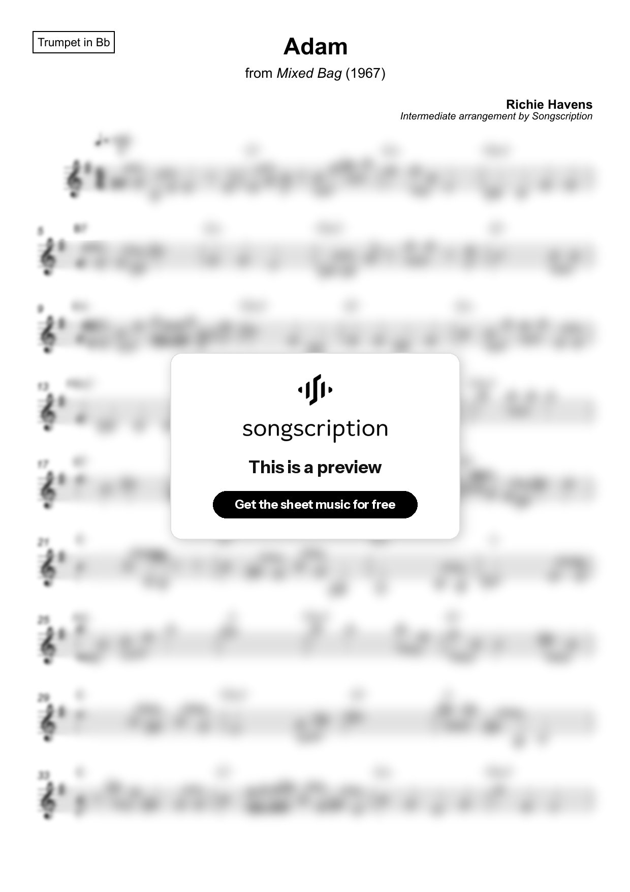 Intermediate Trumpet Sheet Music for "Adam" by Richie Havens
