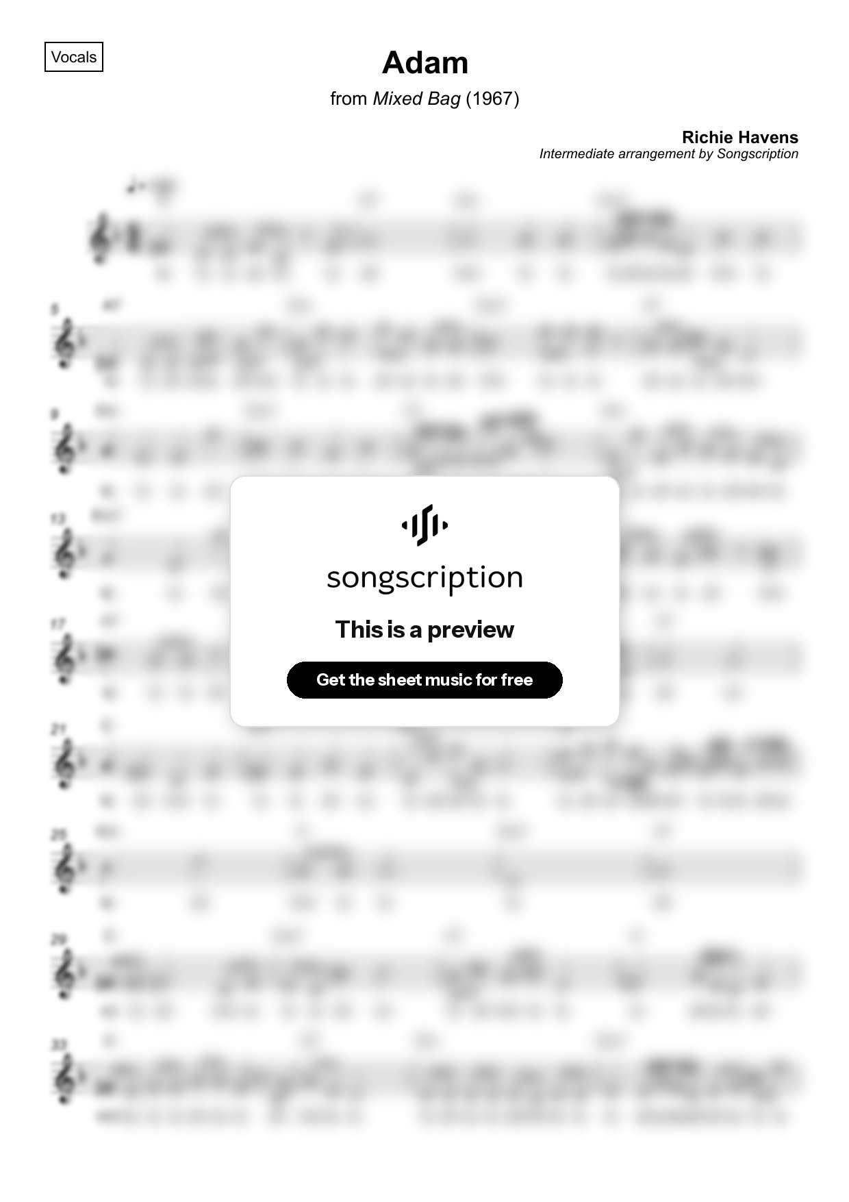 Intermediate Vocals Sheet Music for "Adam" by Richie Havens