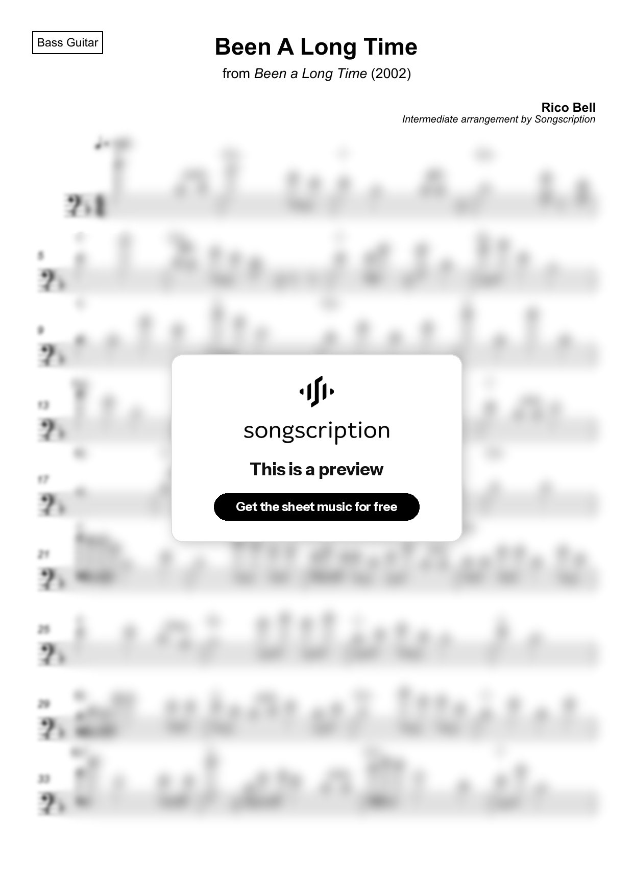 Intermediate Bass Guitar Sheet Music for "Been A Long Time" by Rico Bell