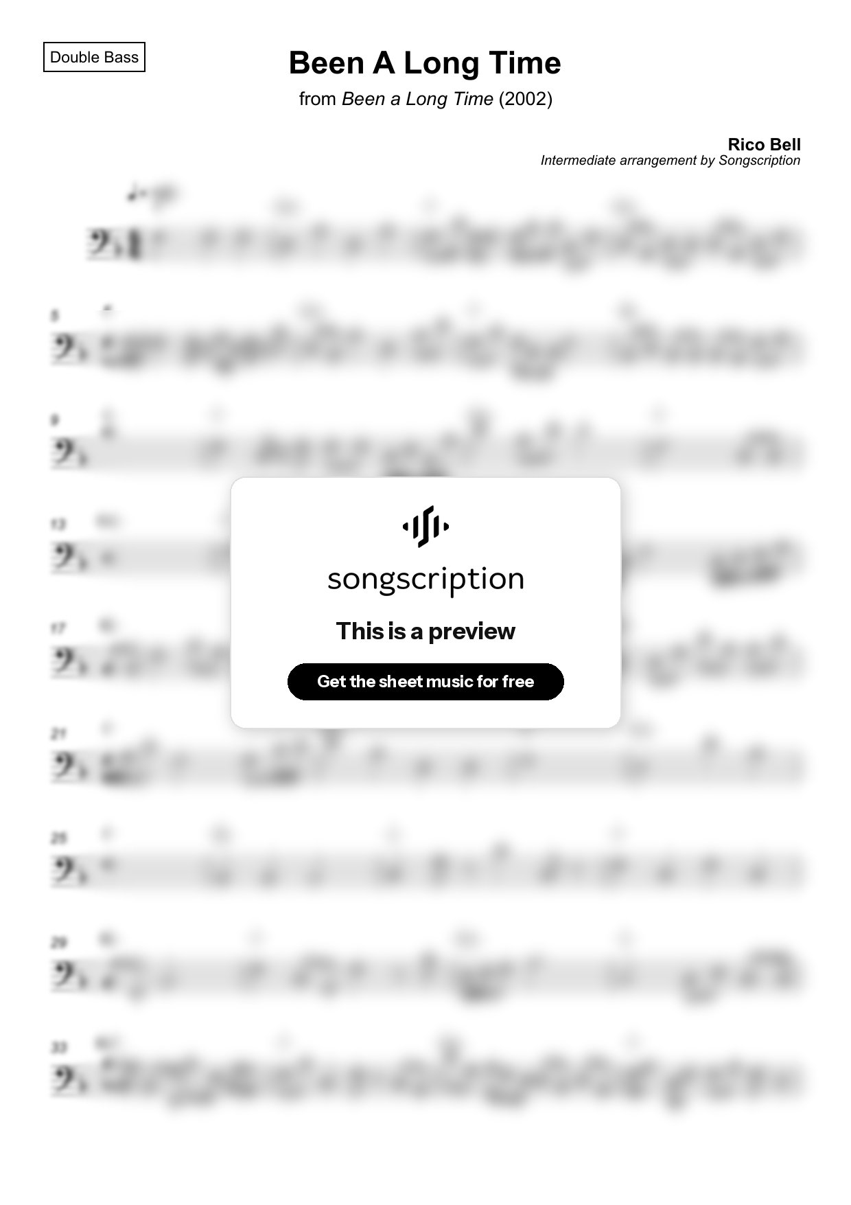 Intermediate Double Bass Sheet Music for "Been A Long Time" by Rico Bell