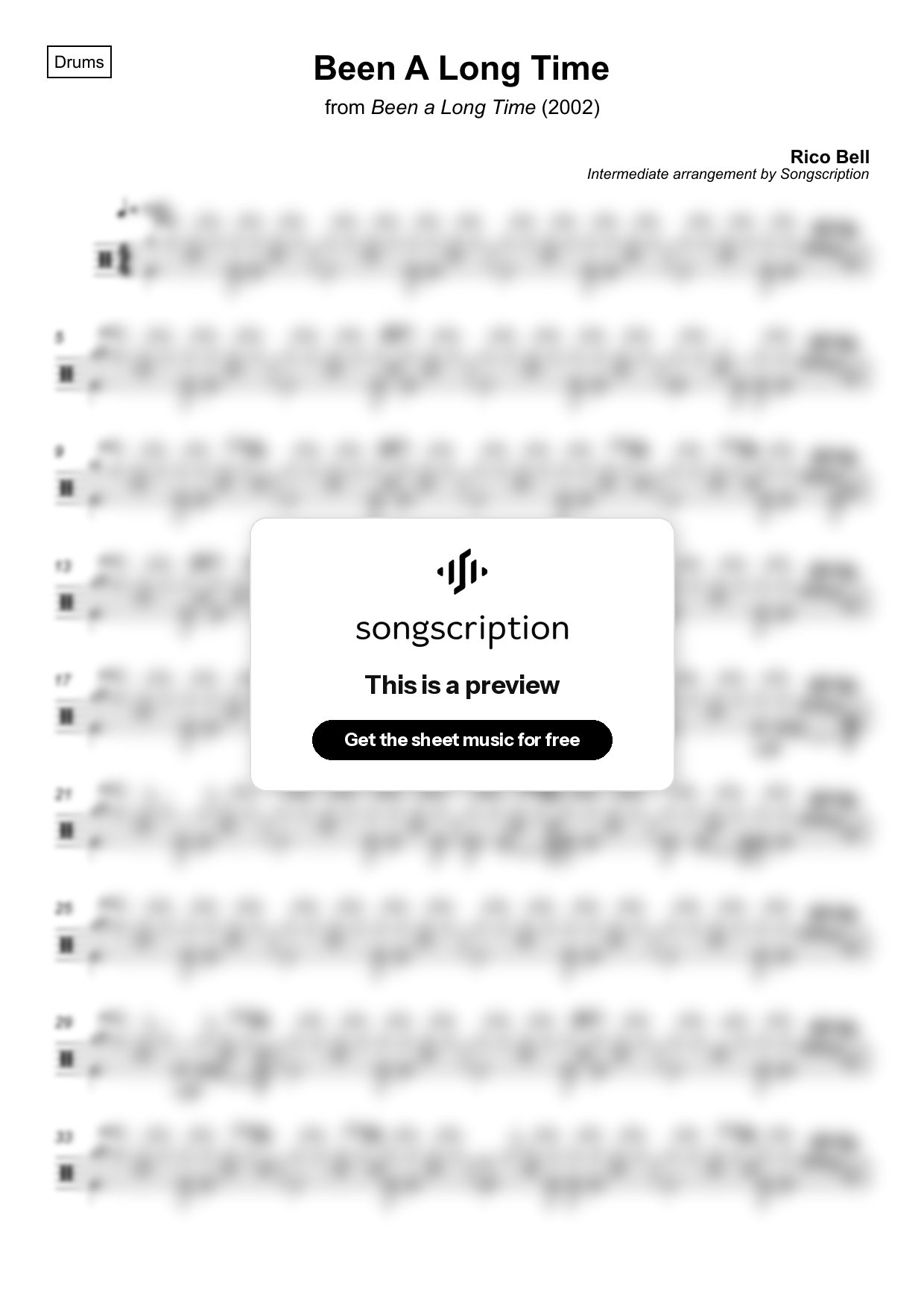Intermediate Drums Sheet Music for "Been A Long Time" by Rico Bell