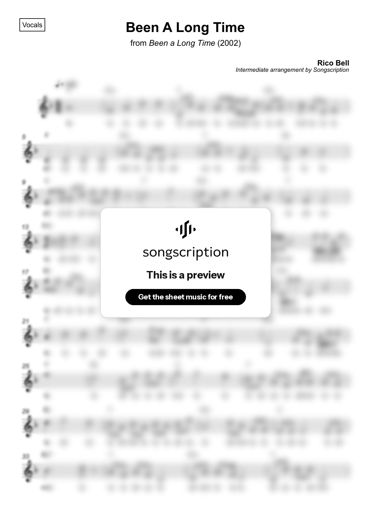 Intermediate Vocals Sheet Music for "Been A Long Time" by Rico Bell
