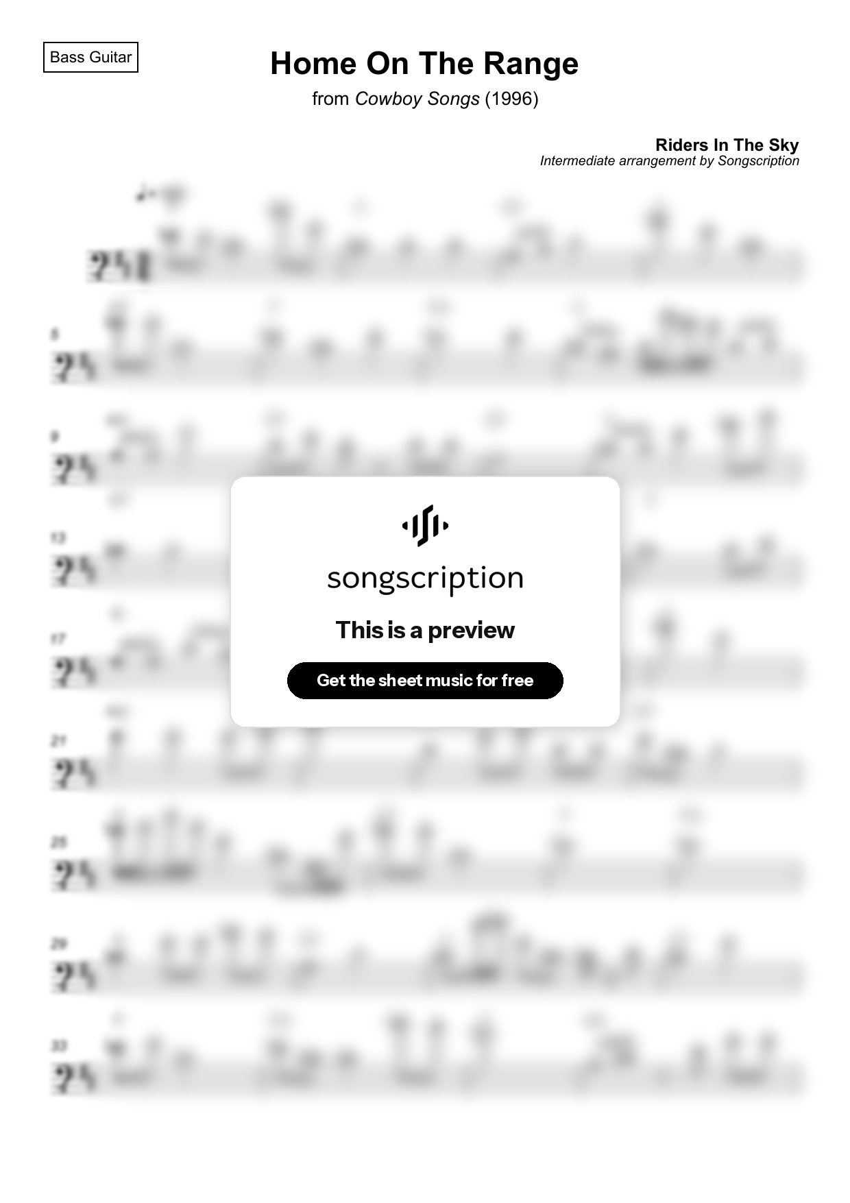Intermediate Bass Guitar Sheet Music for "Home On The Range" by Riders In The Sky