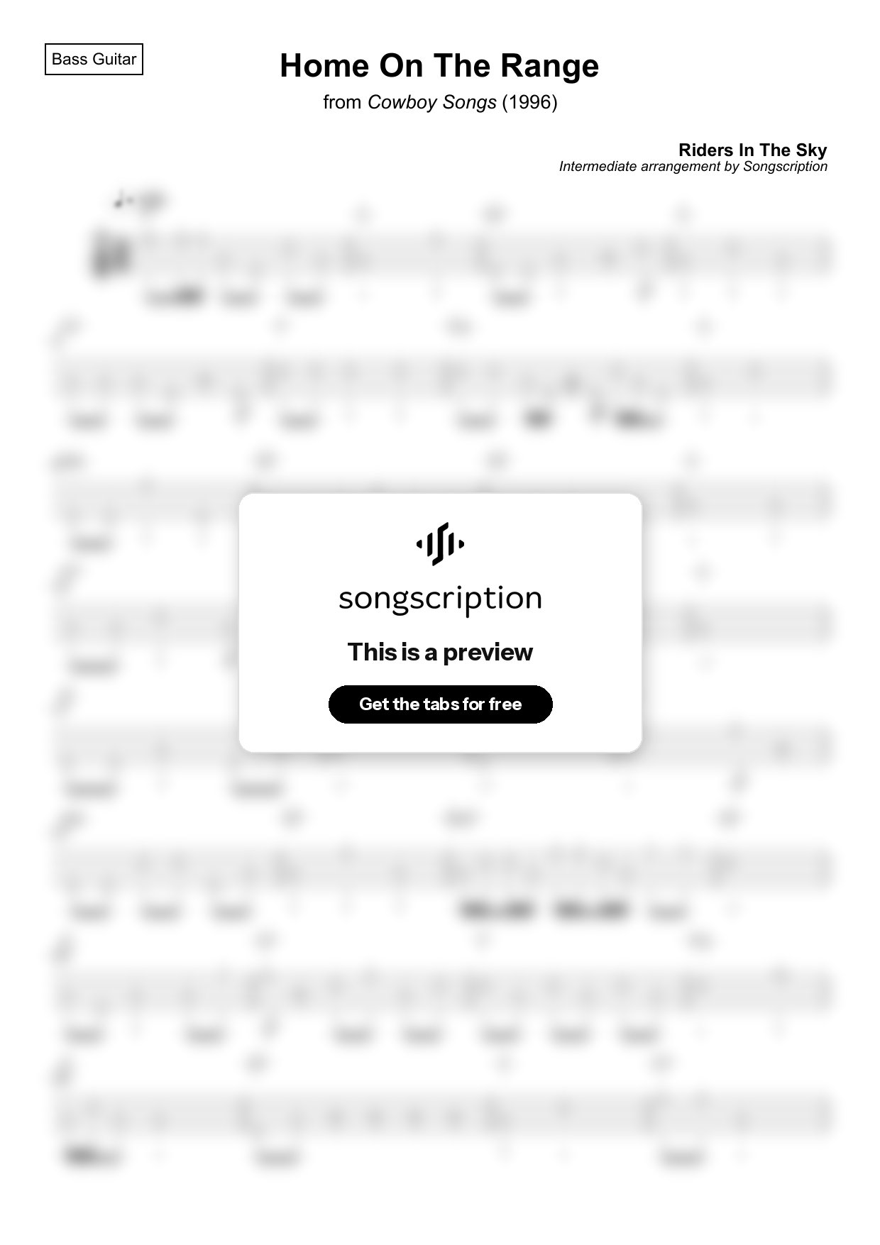Intermediate Bass Guitar Tabs for "Home On The Range" by Riders In The Sky