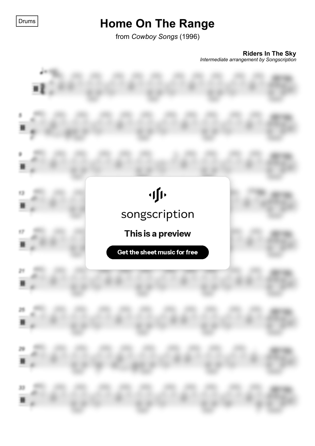 Intermediate Drums Sheet Music for "Home On The Range" by Riders In The Sky
