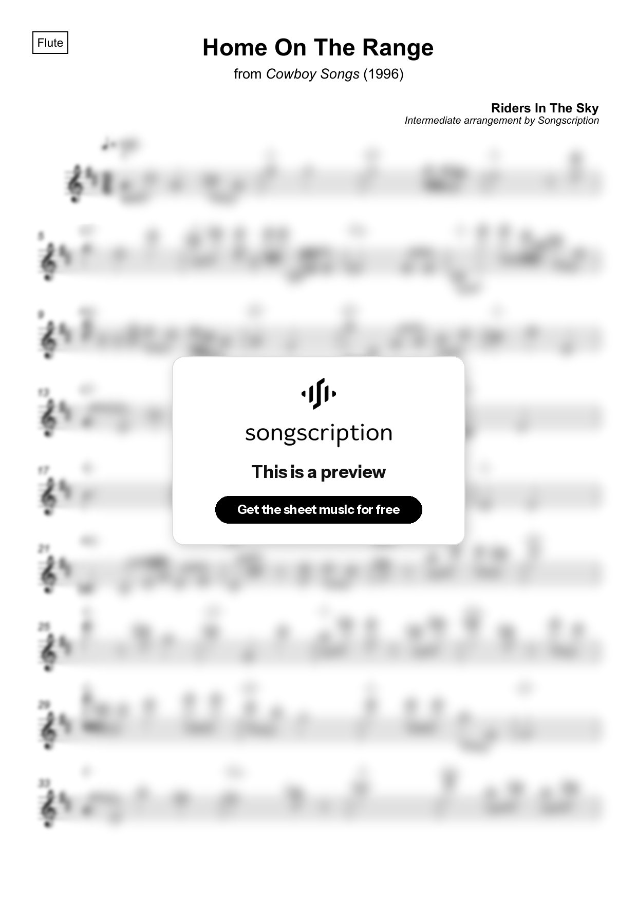 Intermediate Flute Sheet Music for "Home On The Range" by Riders In The Sky