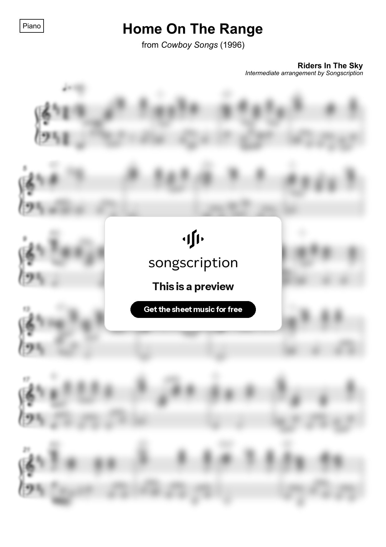 Intermediate Piano Sheet Music for "Home On The Range" by Riders In The Sky