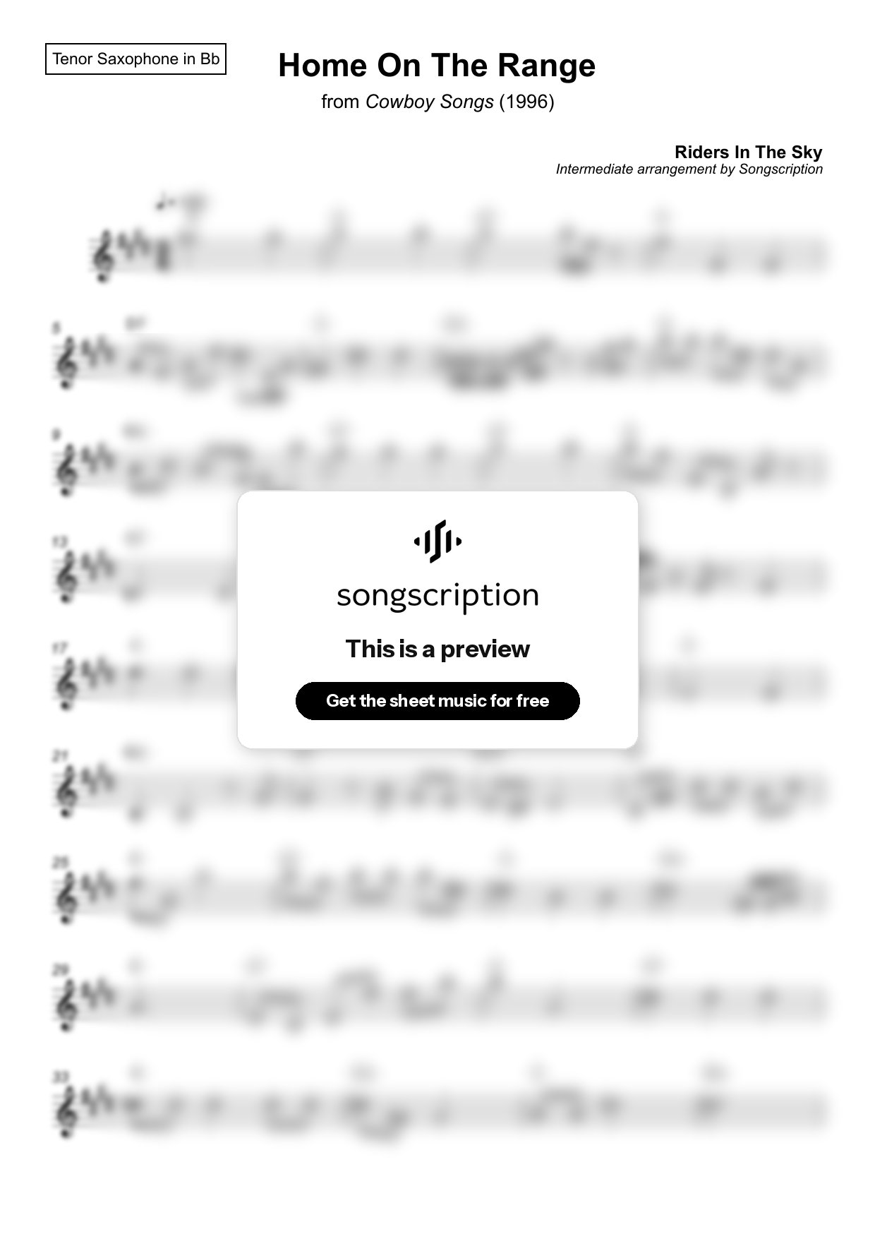 Intermediate Tenor Sax Sheet Music for "Home On The Range" by Riders In The Sky