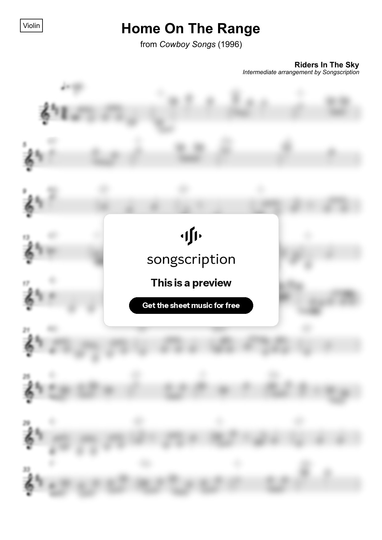 Intermediate Violin Sheet Music for "Home On The Range" by Riders In The Sky
