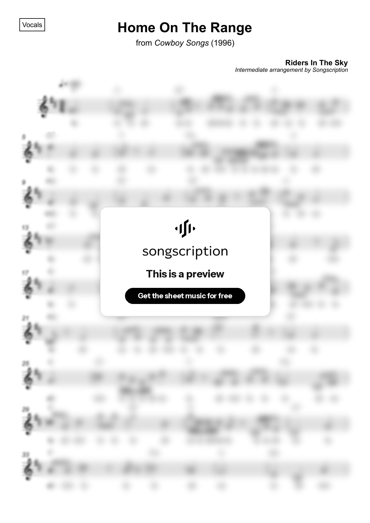 Intermediate Vocals Sheet Music for "Home On The Range" by Riders In The Sky