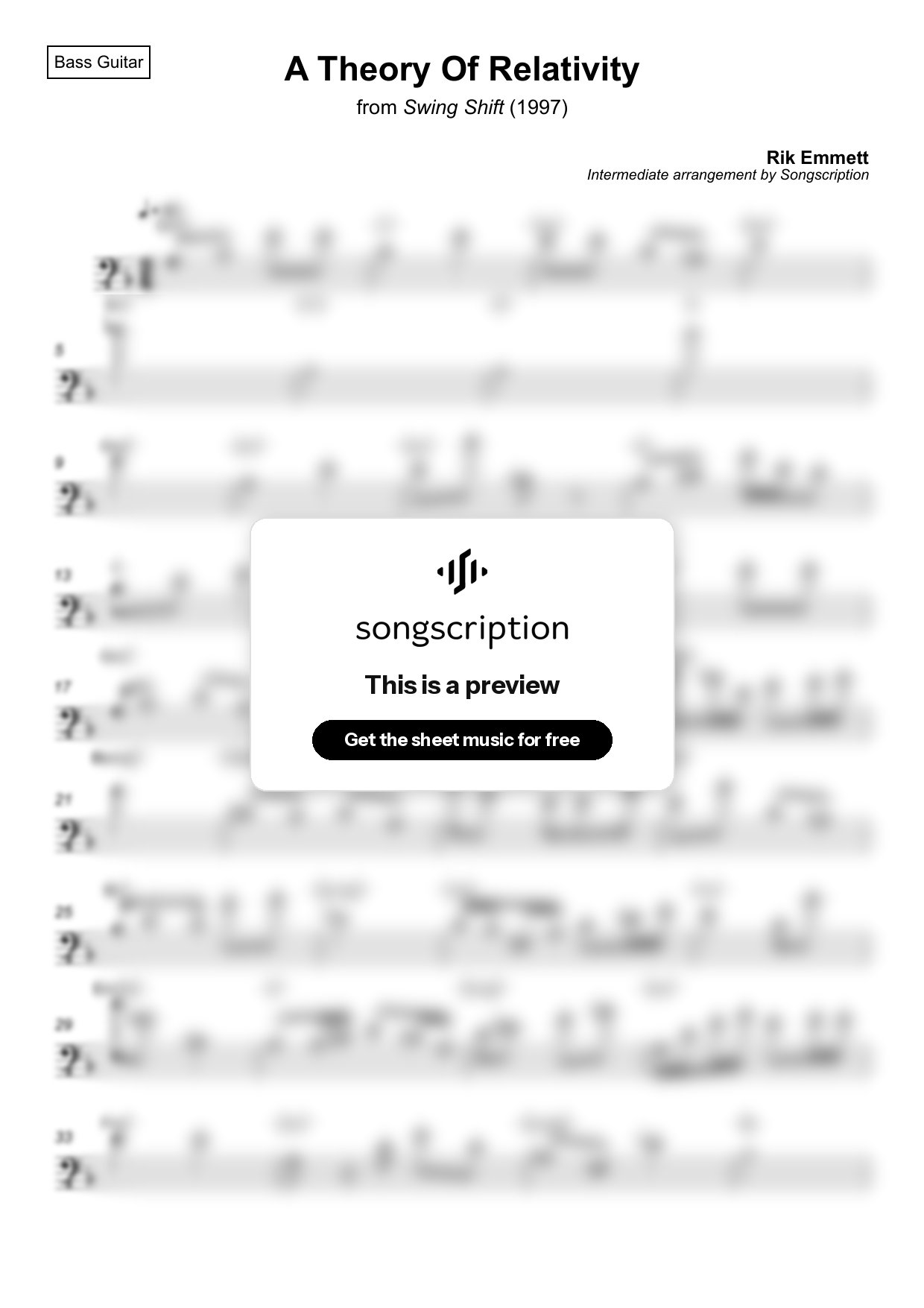 Intermediate Bass Guitar Sheet Music for "A Theory Of Relativity" by Rik Emmett