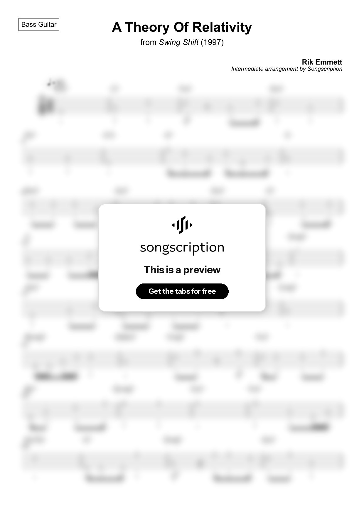 Intermediate Bass Guitar Tabs for "A Theory Of Relativity" by Rik Emmett