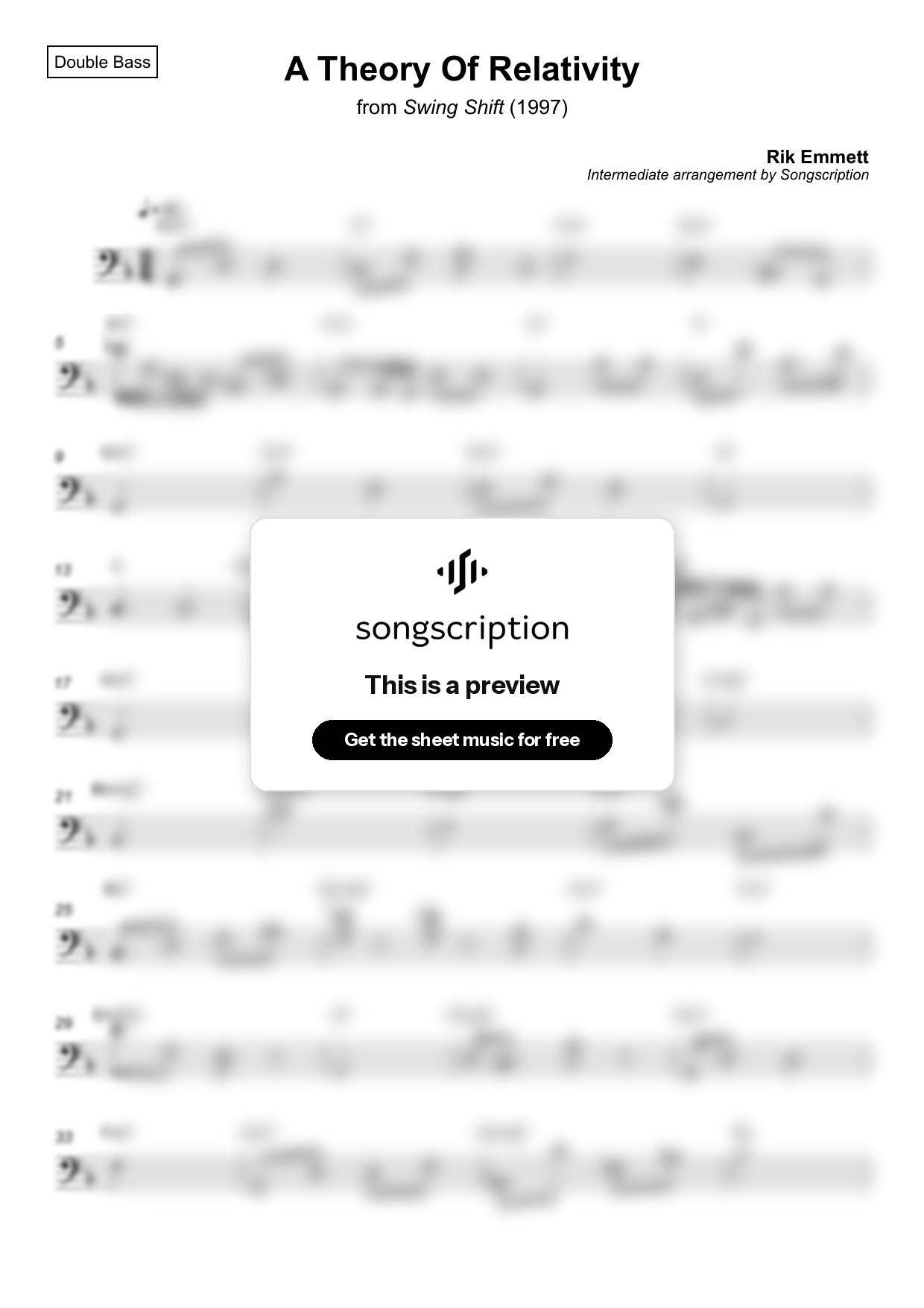 Intermediate Double Bass Sheet Music for "A Theory Of Relativity" by Rik Emmett