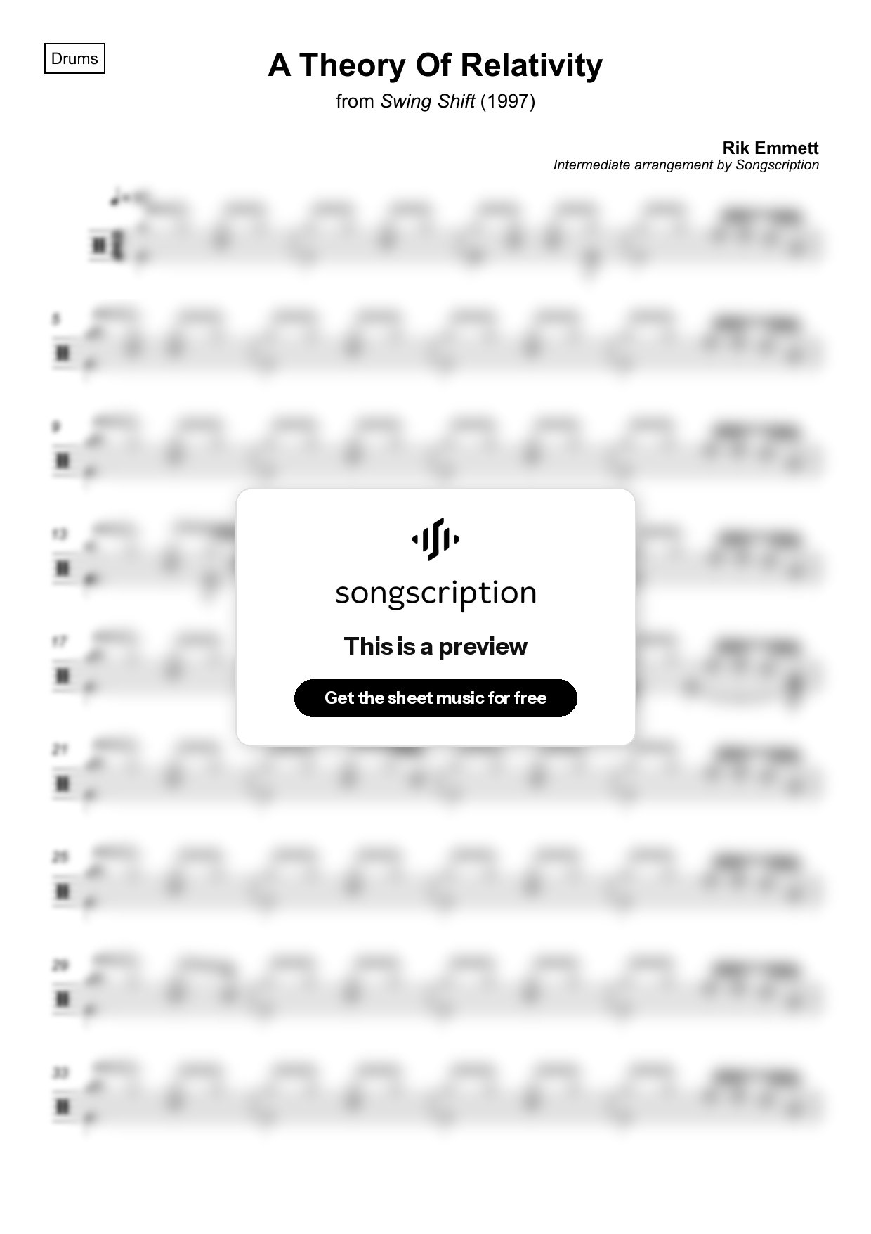 Intermediate Drums Sheet Music for "A Theory Of Relativity" by Rik Emmett