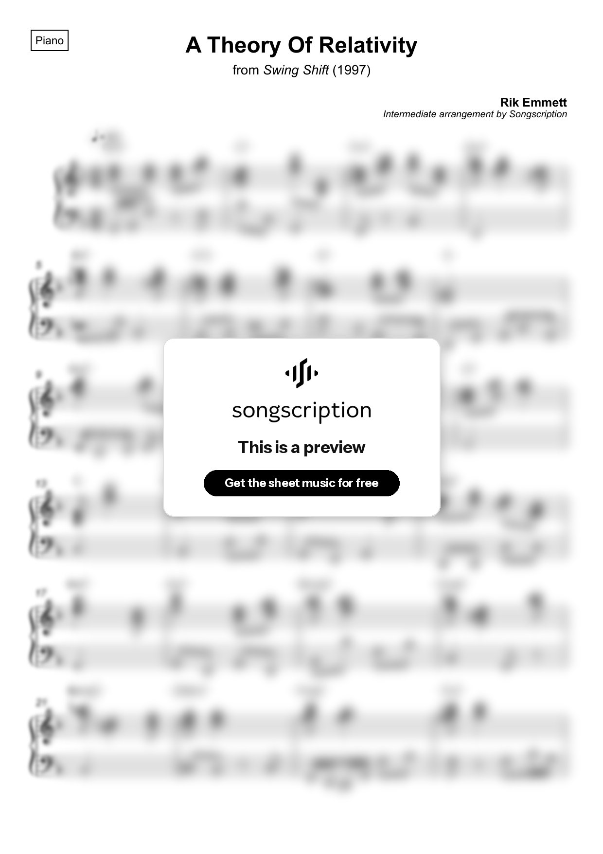 Intermediate Piano Sheet Music for "A Theory Of Relativity" by Rik Emmett