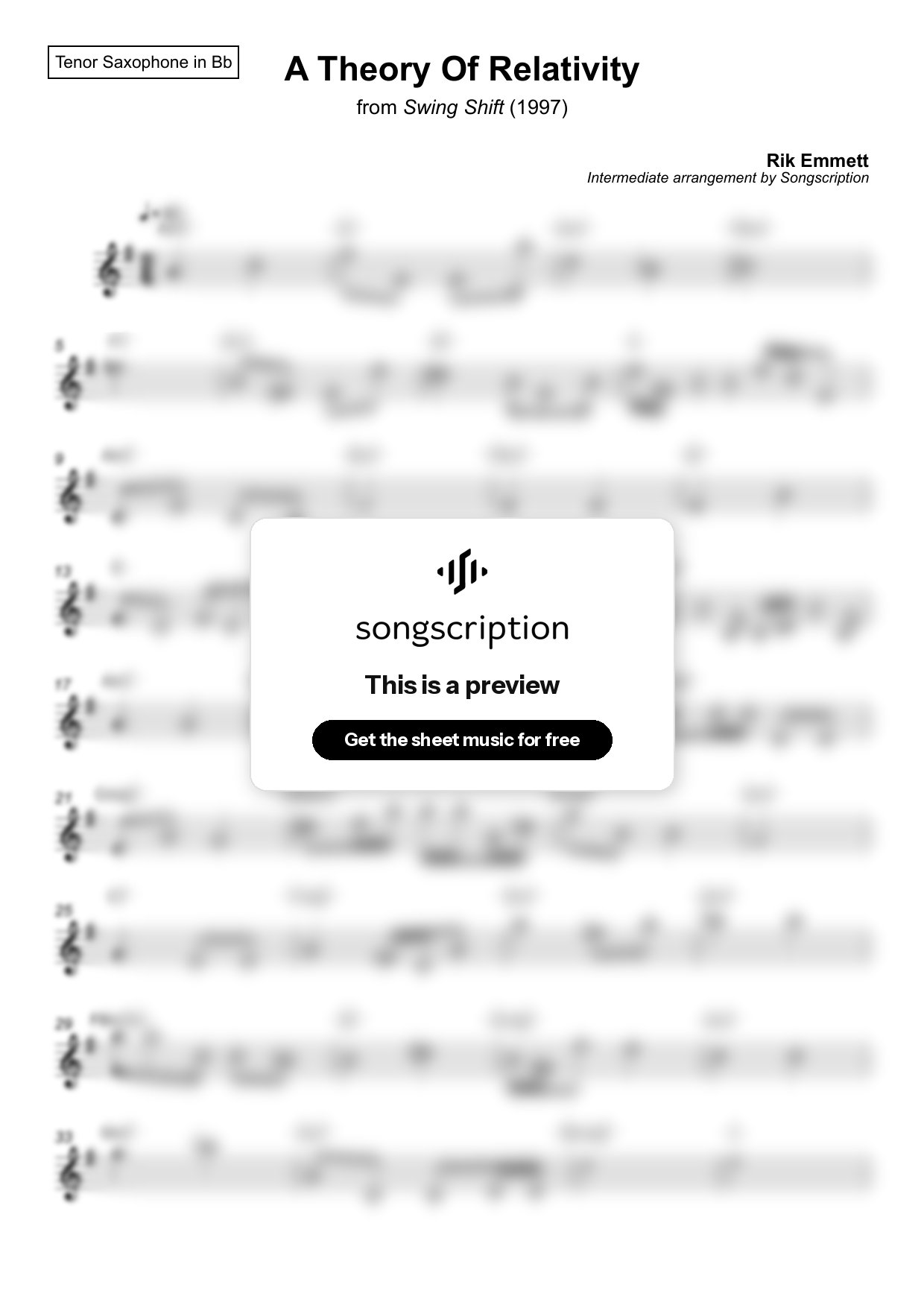 Intermediate Tenor Sax Sheet Music for "A Theory Of Relativity" by Rik Emmett
