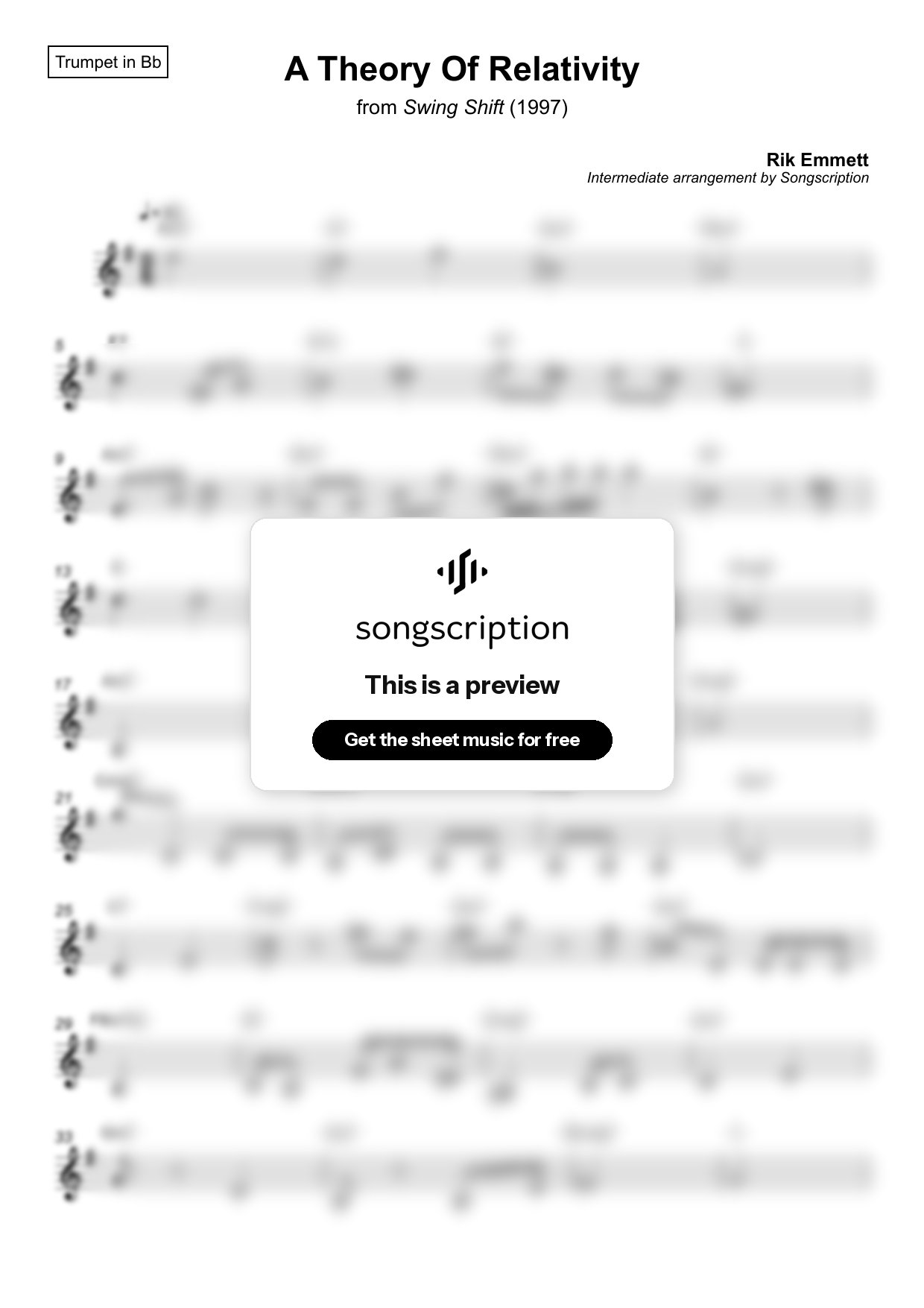 Intermediate Trumpet Sheet Music for "A Theory Of Relativity" by Rik Emmett