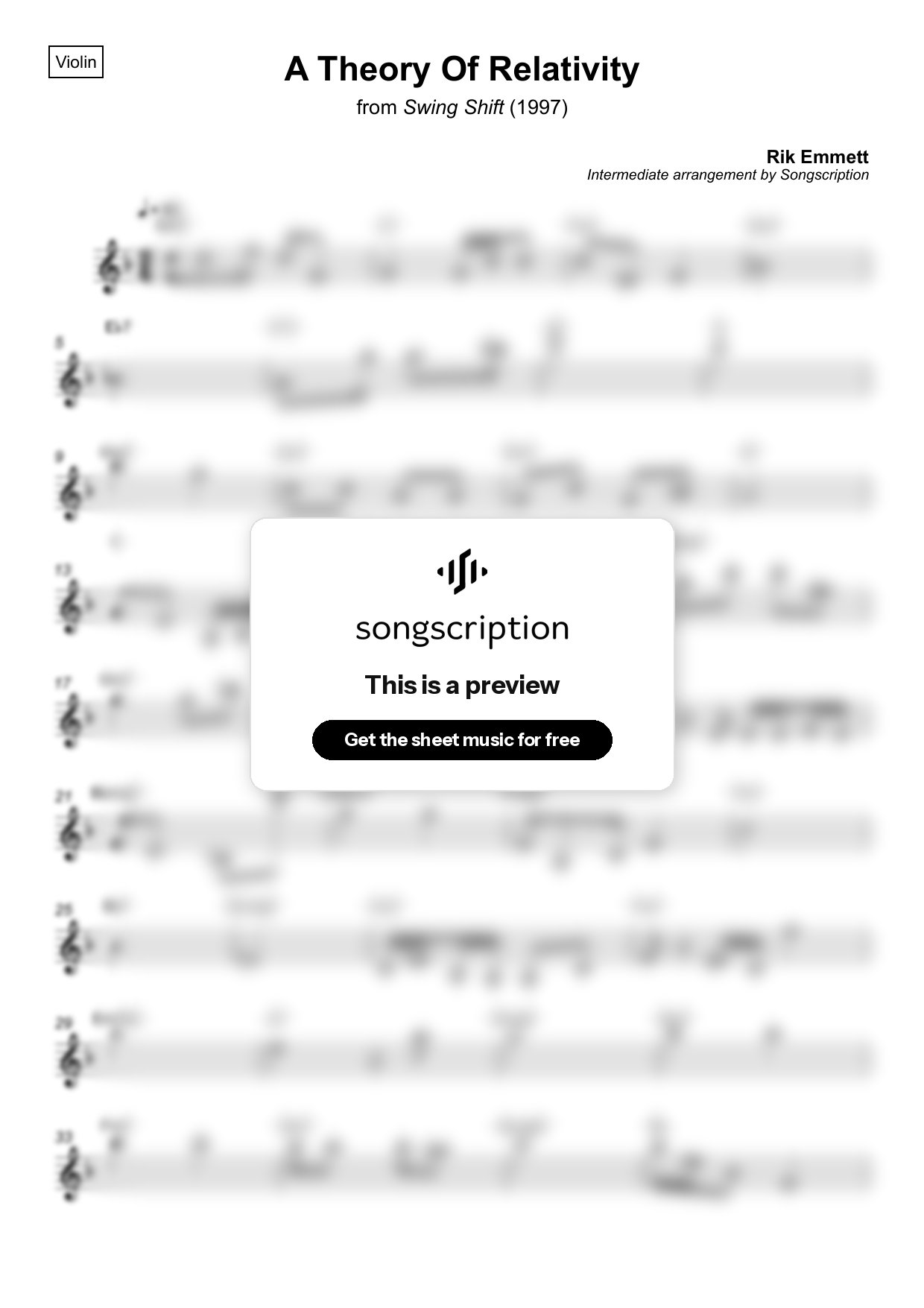 Intermediate Violin Sheet Music for "A Theory Of Relativity" by Rik Emmett