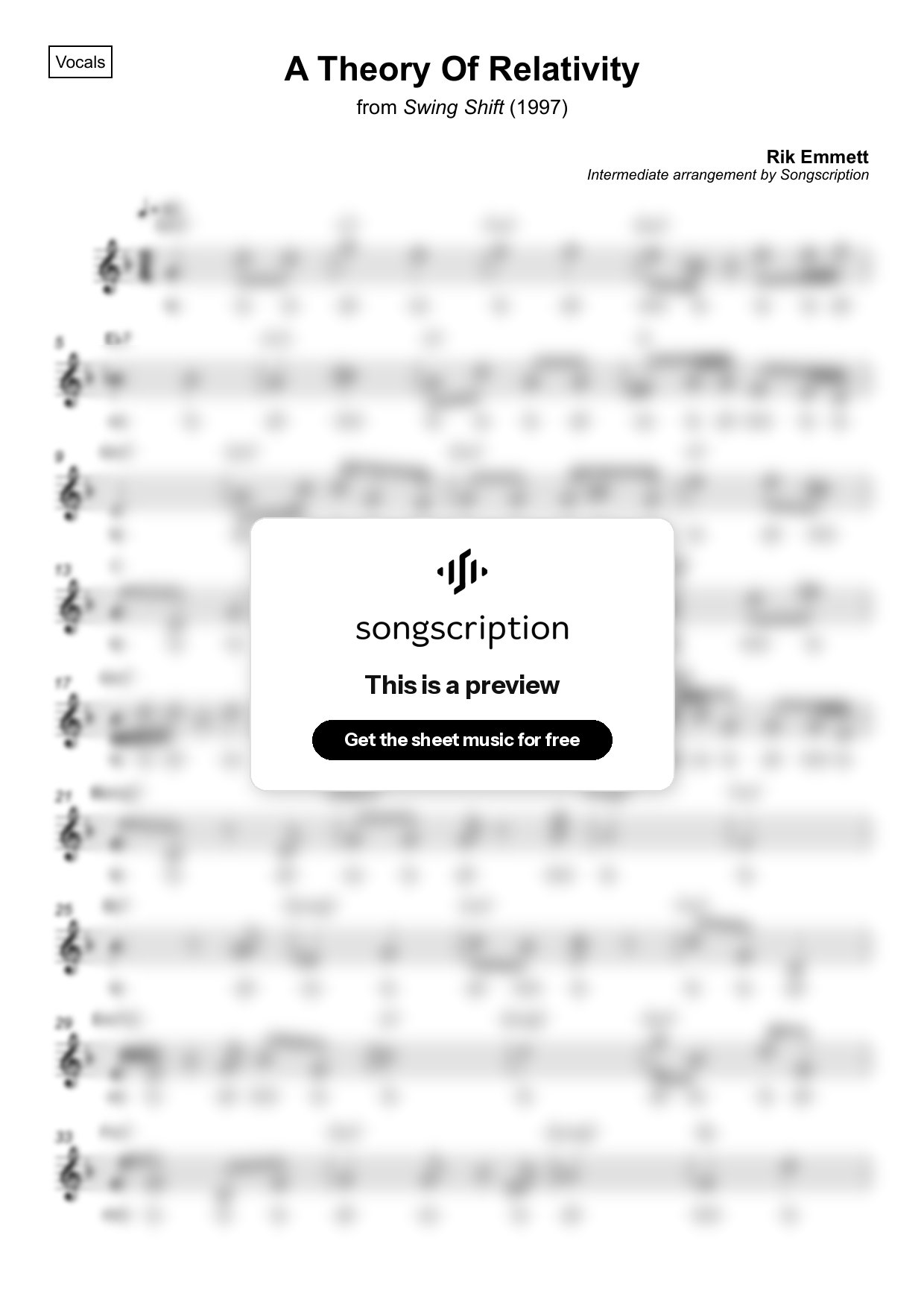 Intermediate Vocals Sheet Music for "A Theory Of Relativity" by Rik Emmett