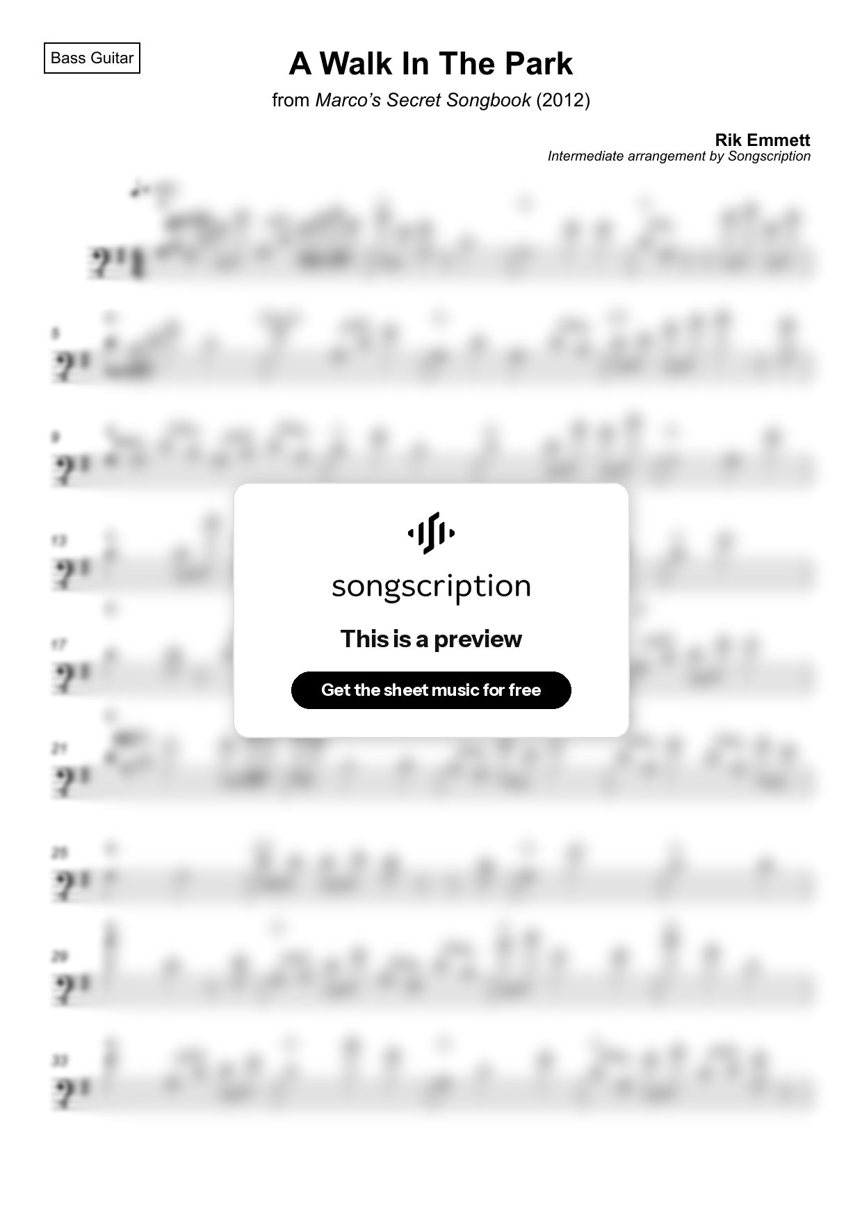 Intermediate Bass Guitar Sheet Music for "A Walk In The Park" by Rik Emmett