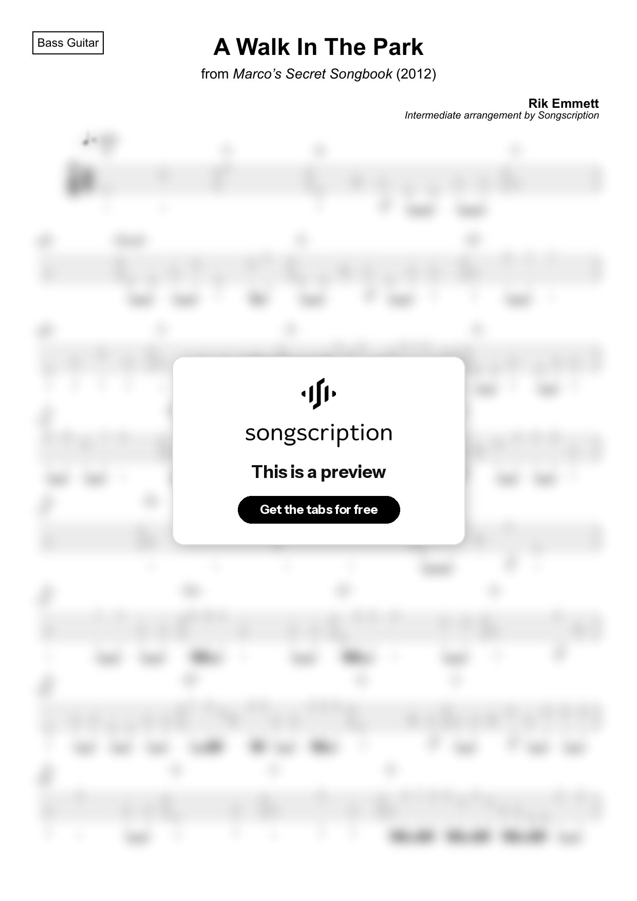 Intermediate Bass Guitar Tabs for "A Walk In The Park" by Rik Emmett