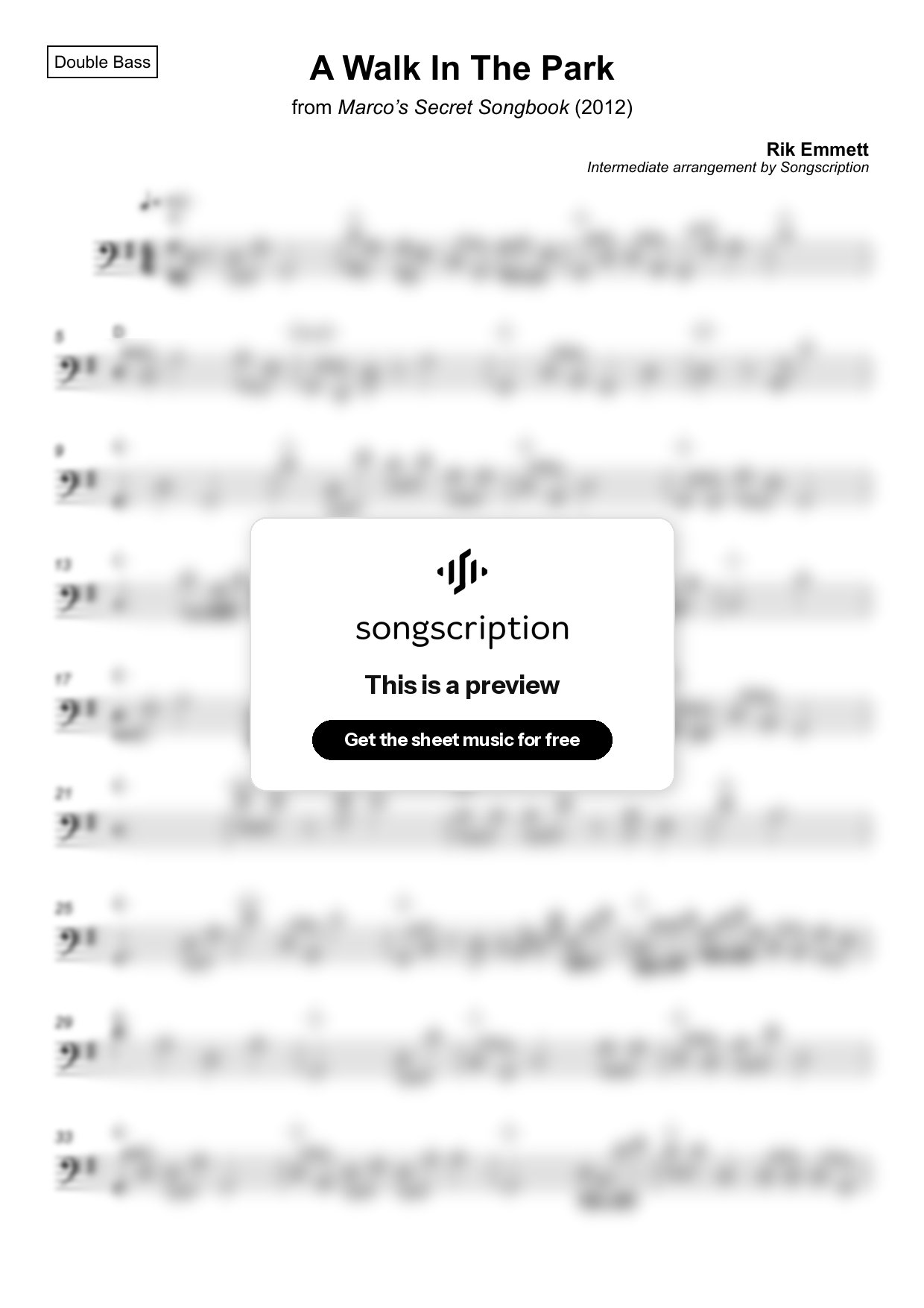 Intermediate Double Bass Sheet Music for "A Walk In The Park" by Rik Emmett