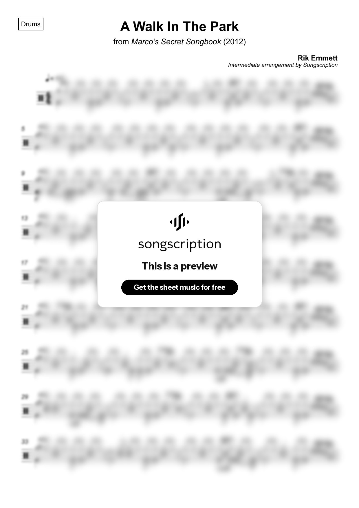 Intermediate Drums Sheet Music for "A Walk In The Park" by Rik Emmett