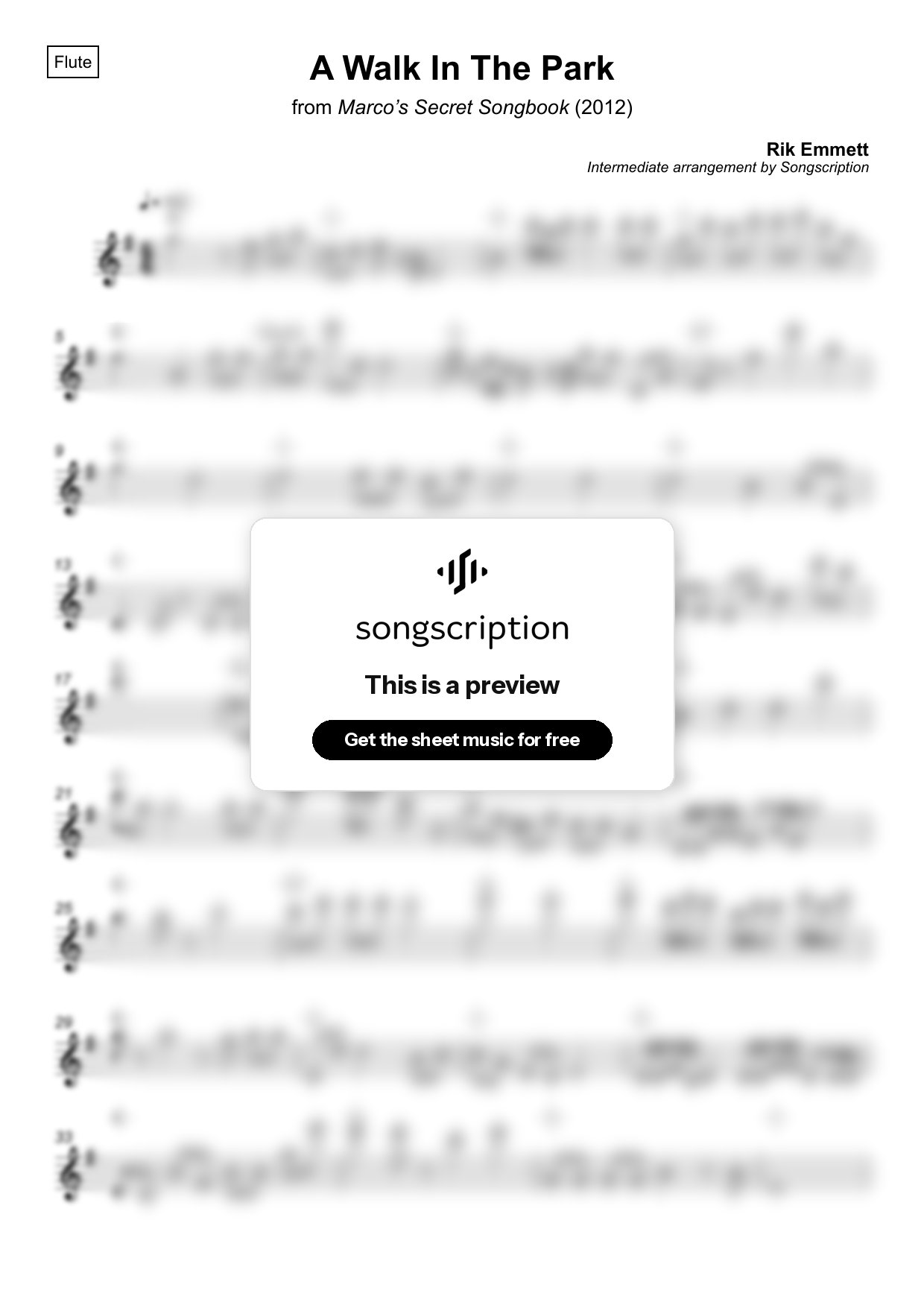 Intermediate Flute Sheet Music for "A Walk In The Park" by Rik Emmett