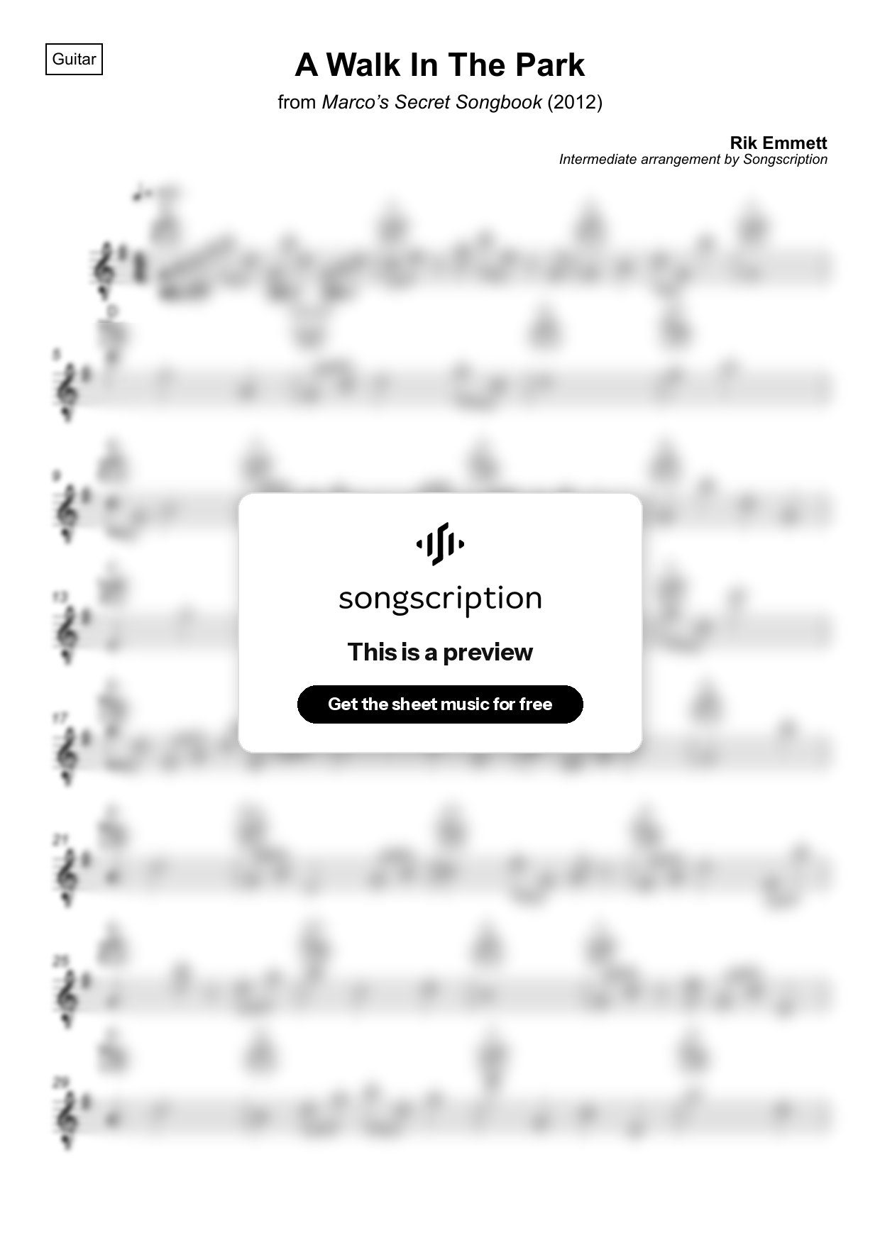 Intermediate Acoustic Guitar Sheet Music for "A Walk In The Park" by Rik Emmett