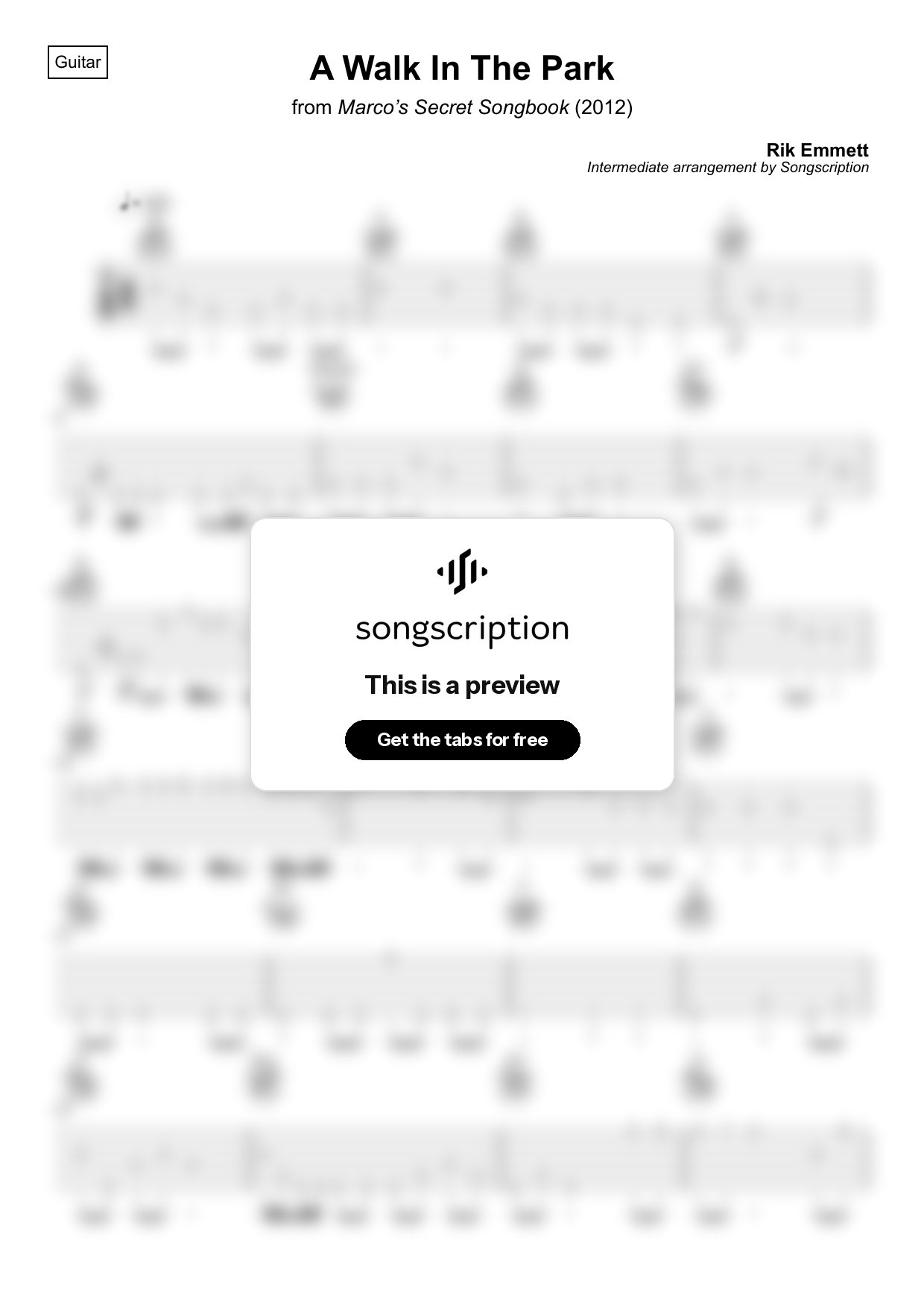 Intermediate Acoustic Guitar Tabs for "A Walk In The Park" by Rik Emmett