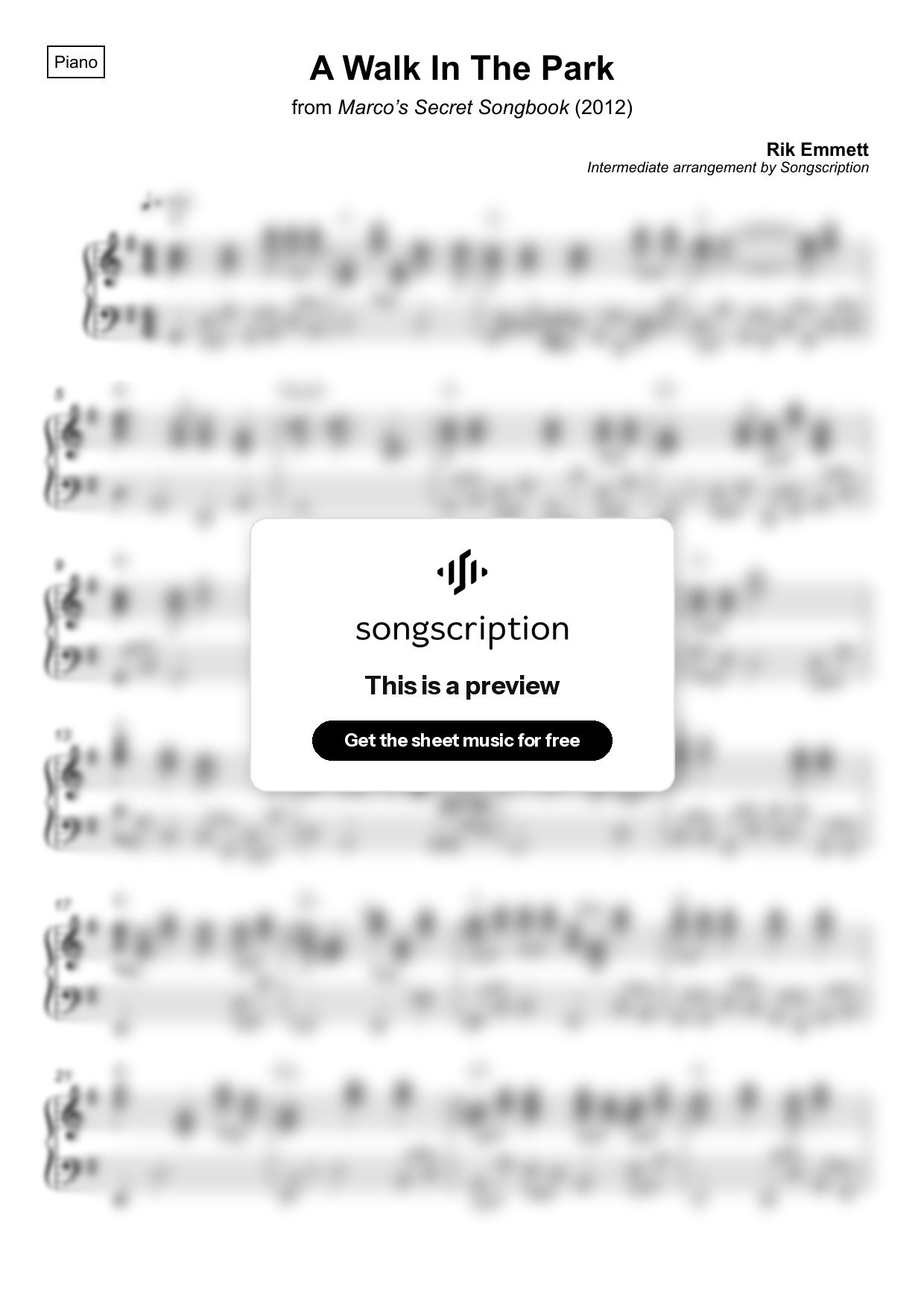 Intermediate Piano Sheet Music for "A Walk In The Park" by Rik Emmett